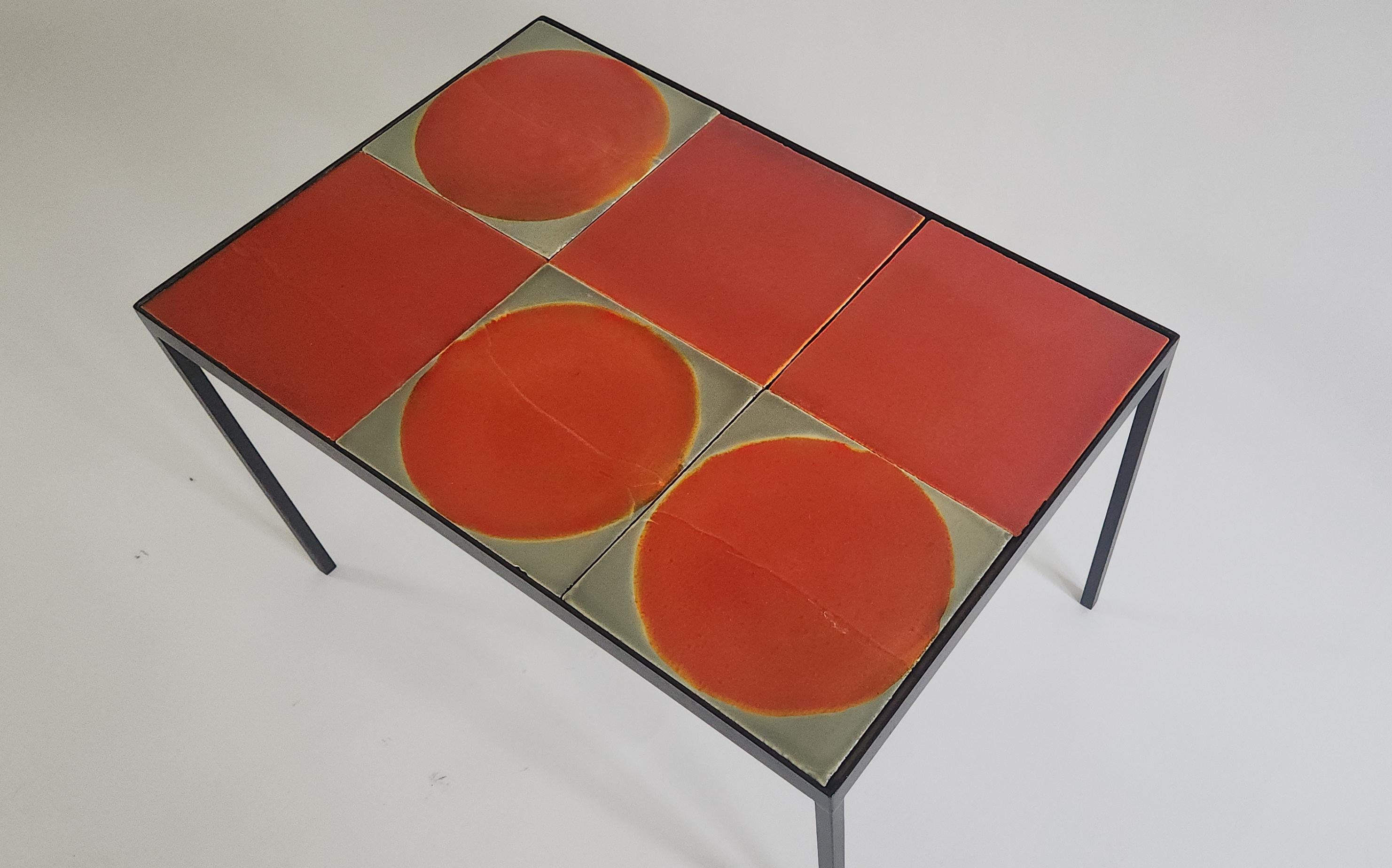 Mid-Century Modern Gueridon Coffee Table with 6 Roger Capron Ceramic Tiles For Sale