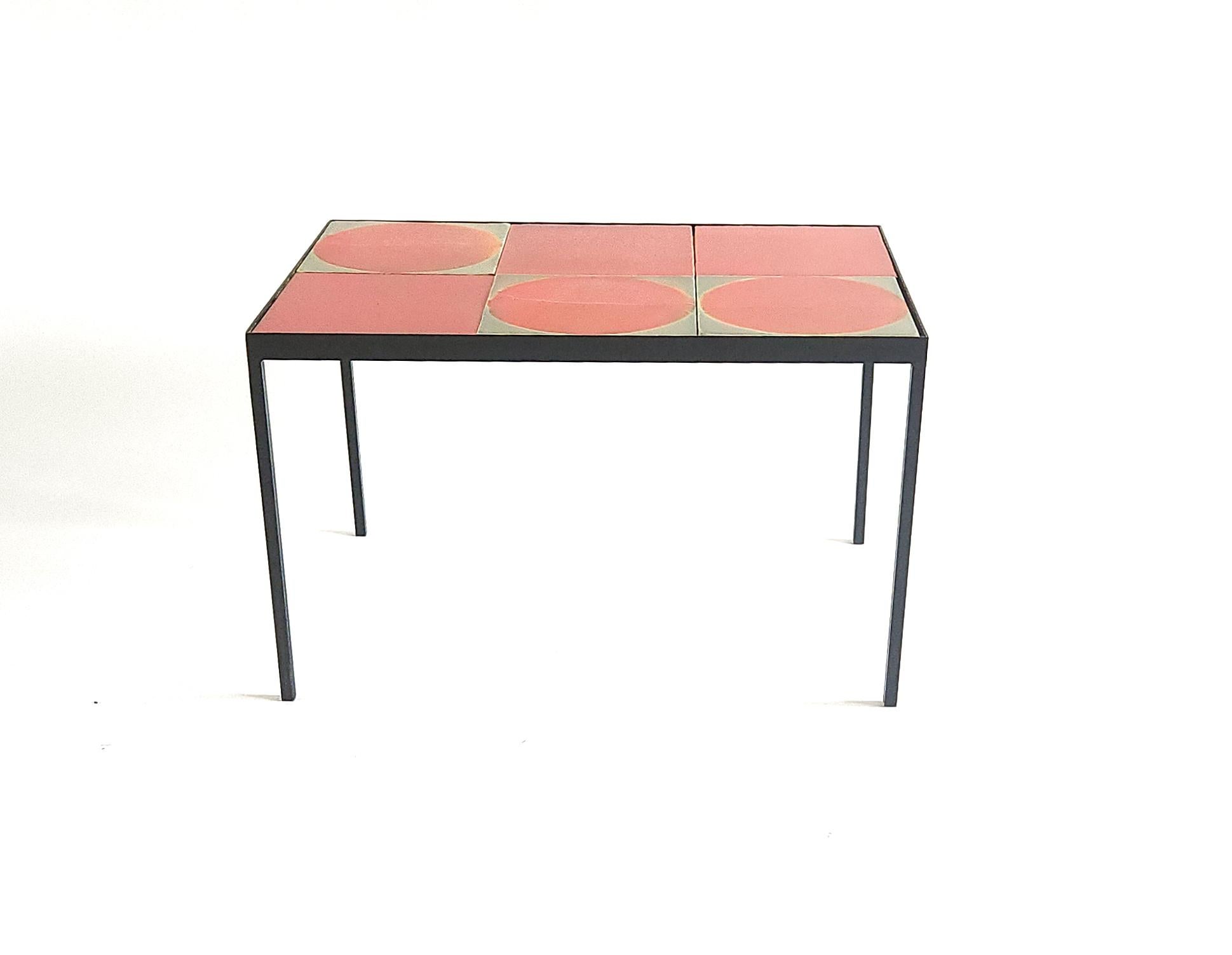 French Gueridon Coffee Table with 6 Roger Capron Ceramic Tiles For Sale
