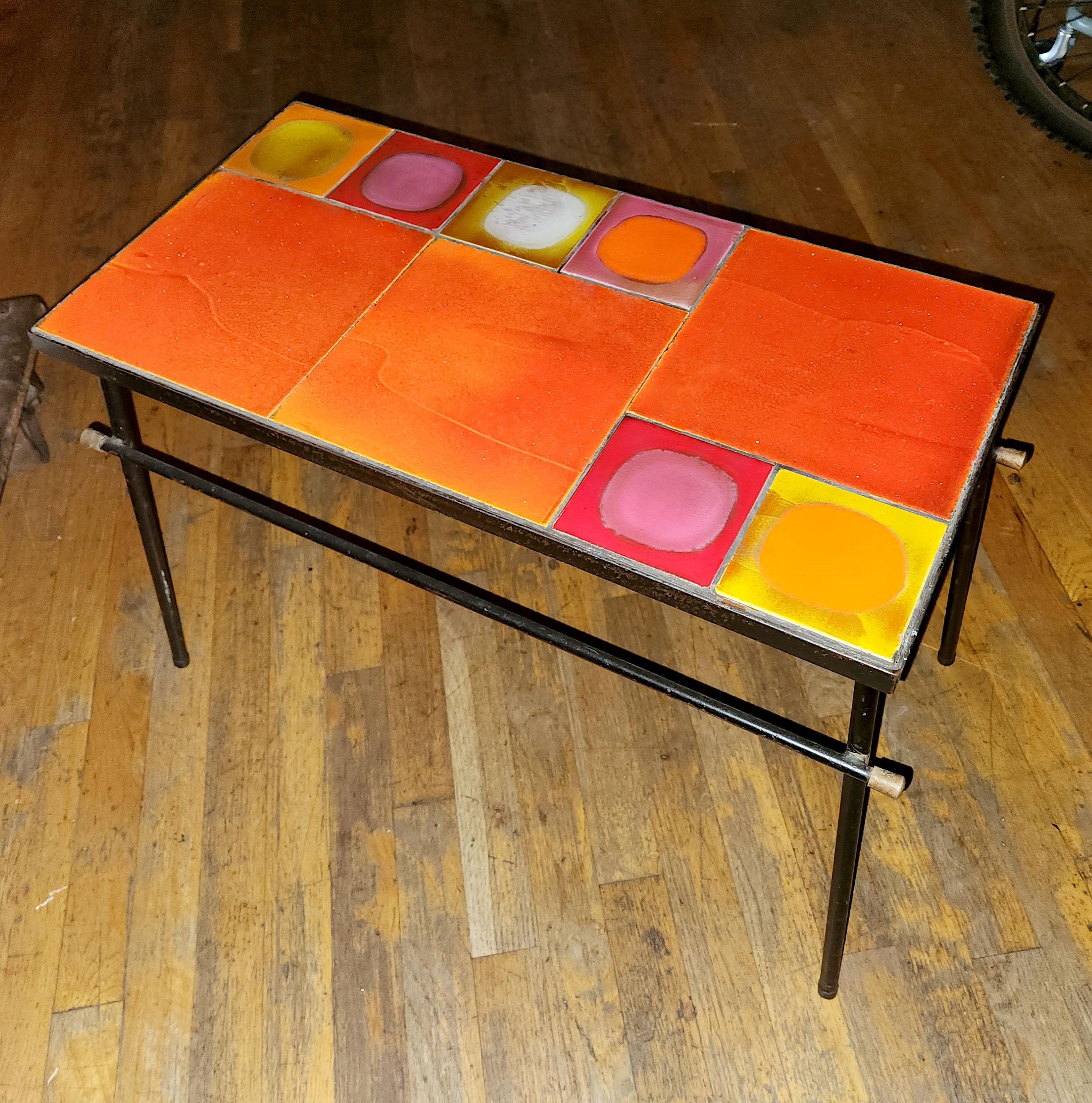 Mid-Century Modern Gueridon Coffee Table with Colorful Ceramic Tiles by Roger Capron For Sale