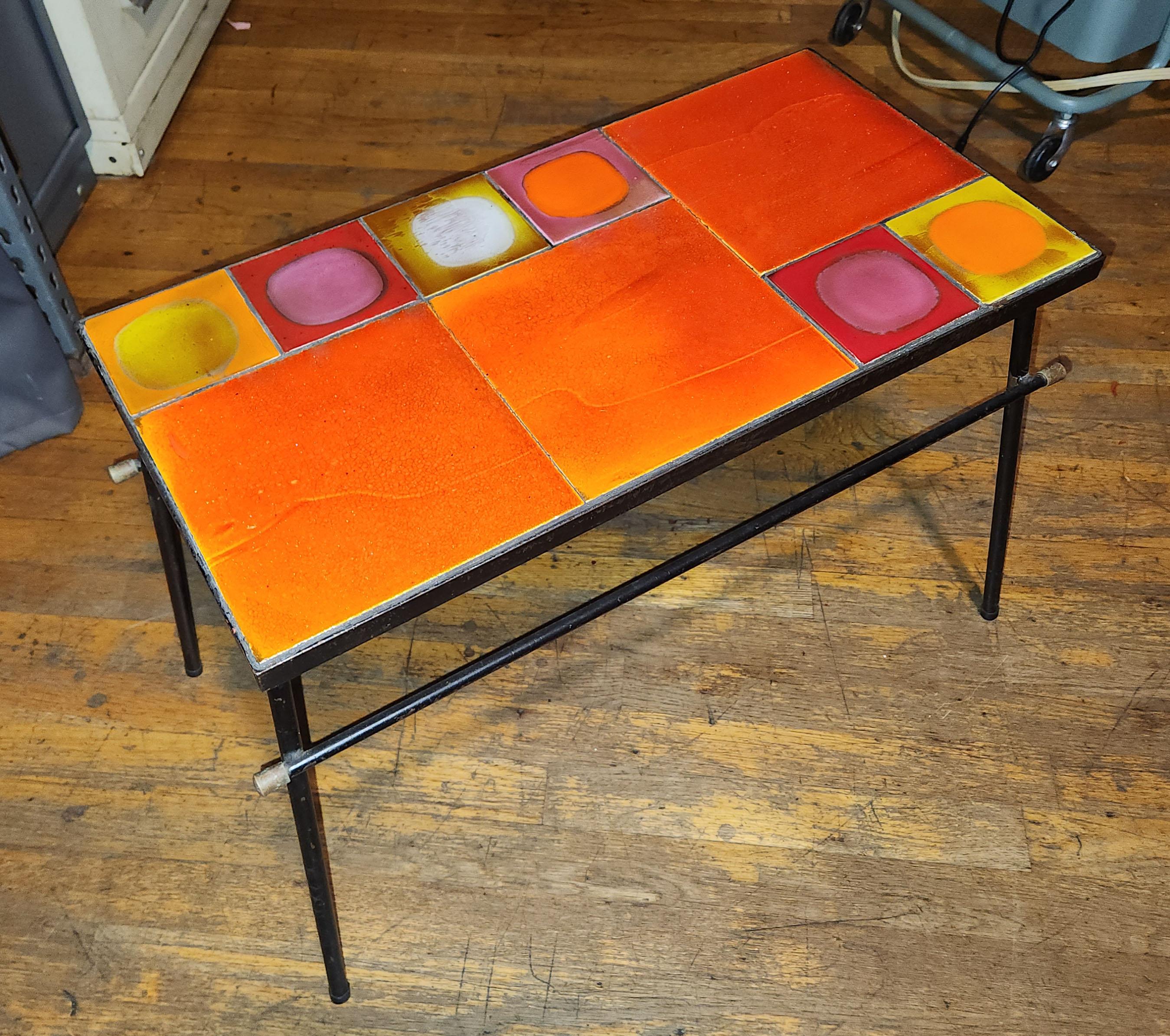 French Gueridon Coffee Table with Colorful Ceramic Tiles by Roger Capron For Sale