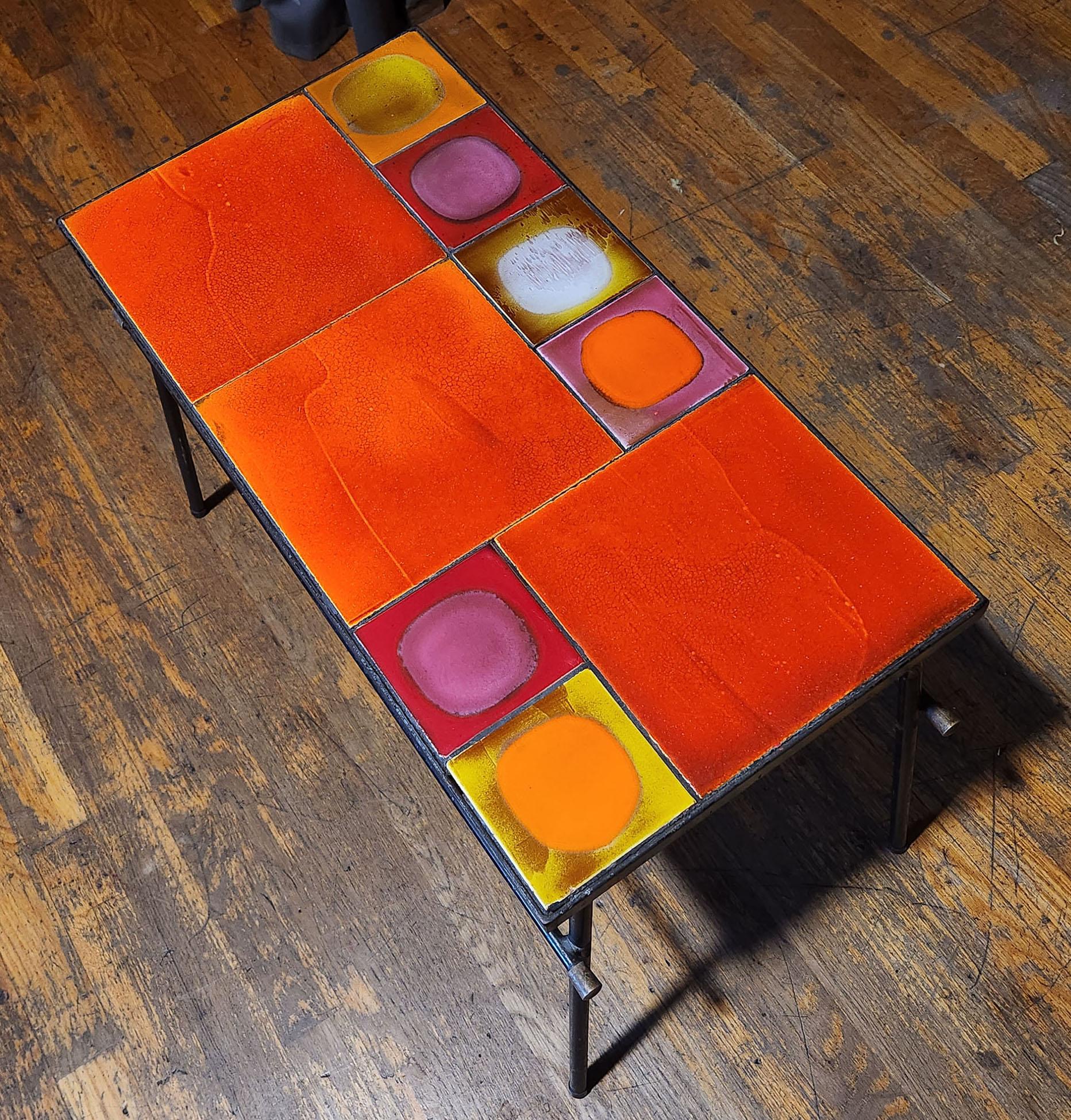Painted Gueridon Coffee Table with Colorful Ceramic Tiles by Roger Capron For Sale