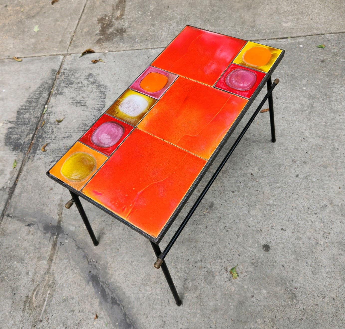 Gueridon Coffee Table with Colorful Ceramic Tiles by Roger Capron In Good Condition For Sale In Stratford, CT