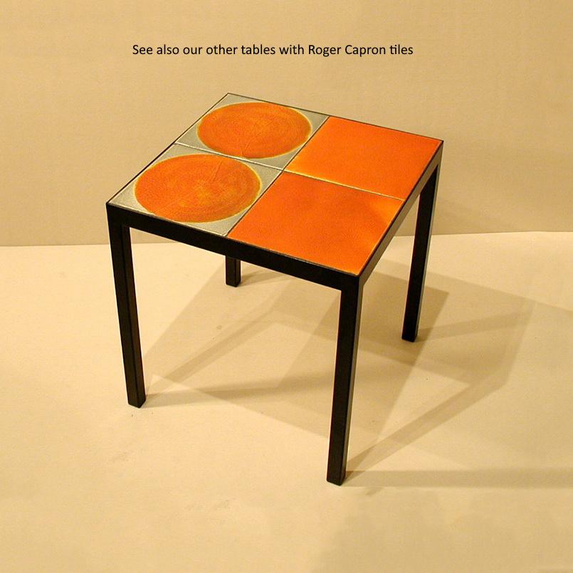 Metal Gueridon Console / Coffee Table with 4 Ceramic Tiles by Roger Capron For Sale