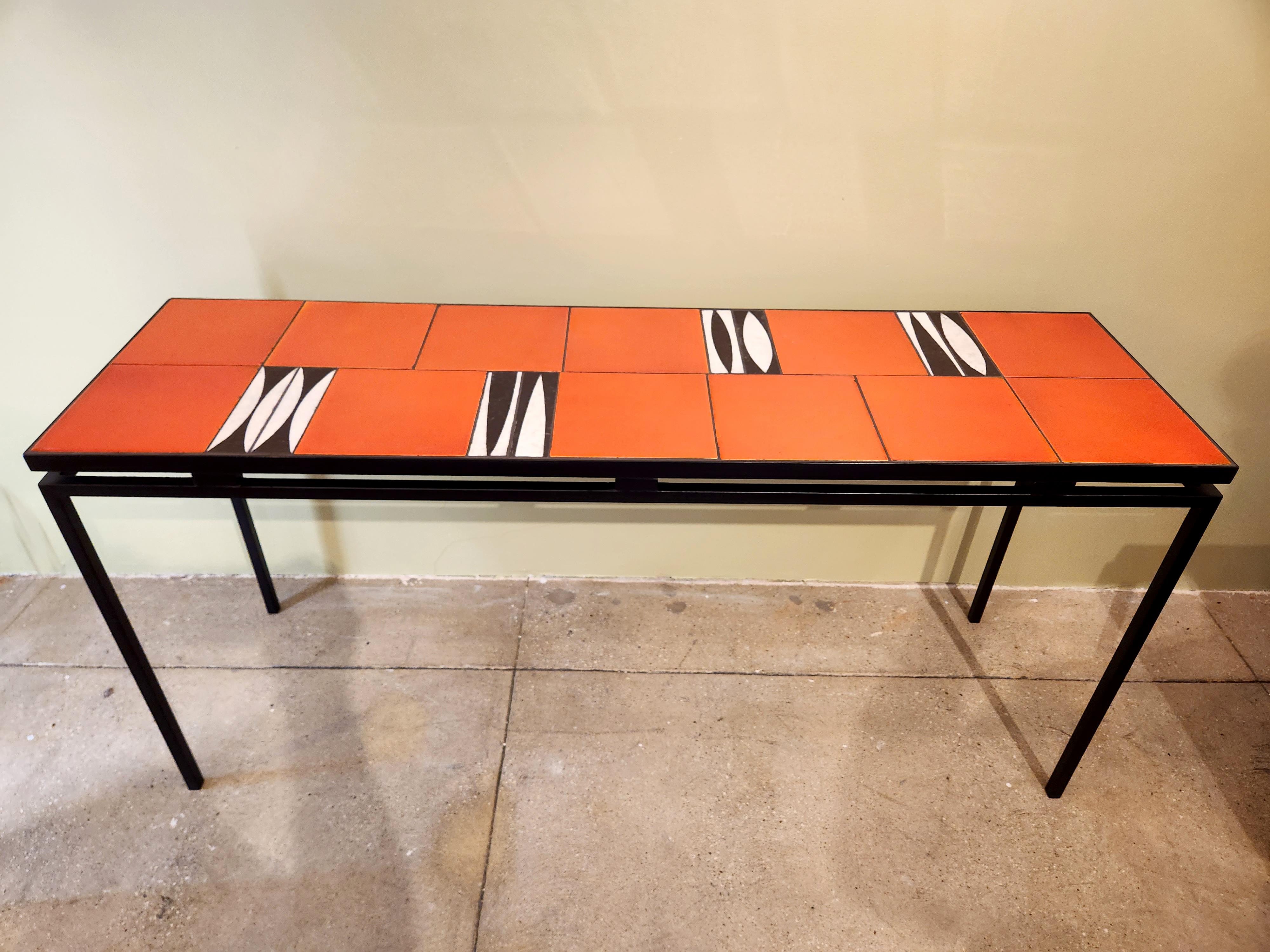 Mid-Century Modern Gueridon Console Table with 12 Red and 8 Navette Roger Capron Ceramic Tiles For Sale