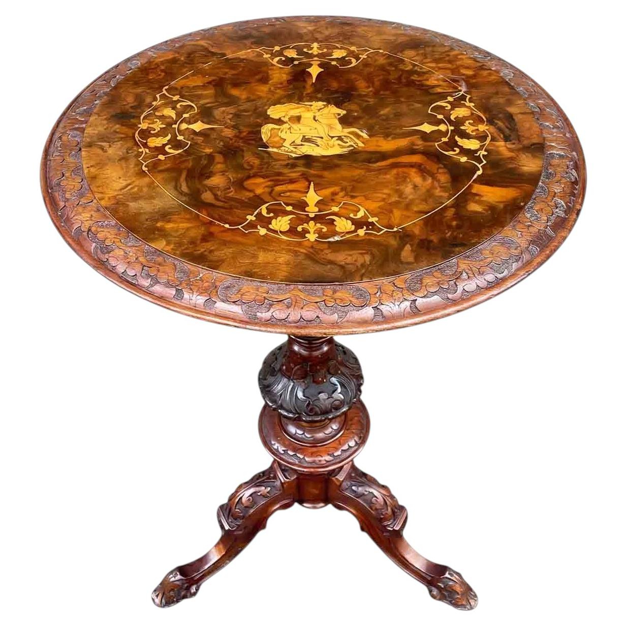 Italian Gueridon in Walnut Burl, 1880, with an Inlay Depicting St. George and the Dragon For Sale