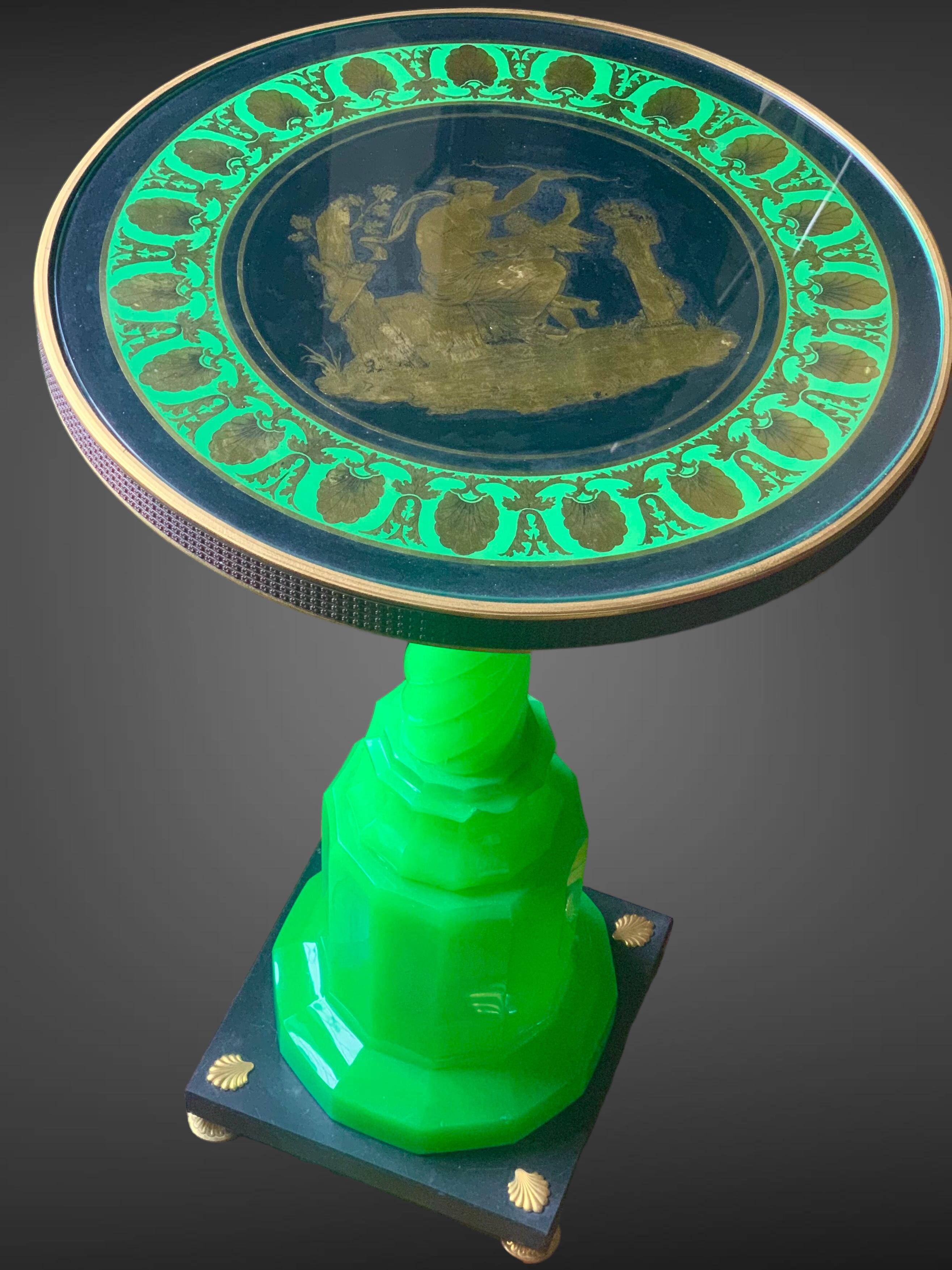 Empire Revival Guéridon Table in Green Opaline and Eglomized Top, Bohemia 19th Century  For Sale