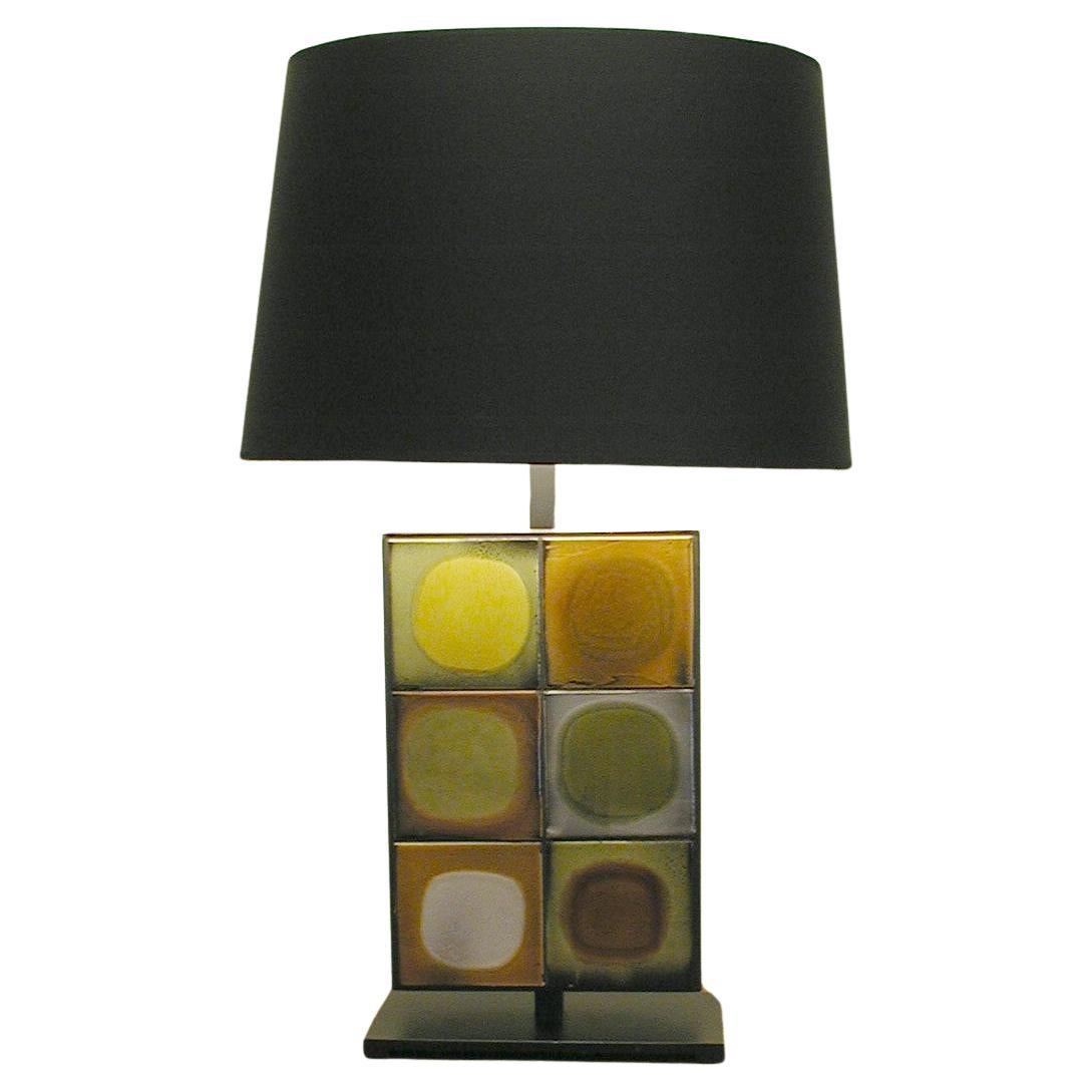 Gueridon Table Lamp with 12 Rare Green "Planete" Tiles by Roger Capron For Sale