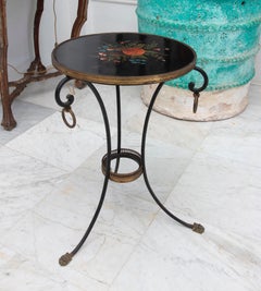 Gueridon Table with Iron Feet, Bronze Clawed Legs and Round Painted Lid
