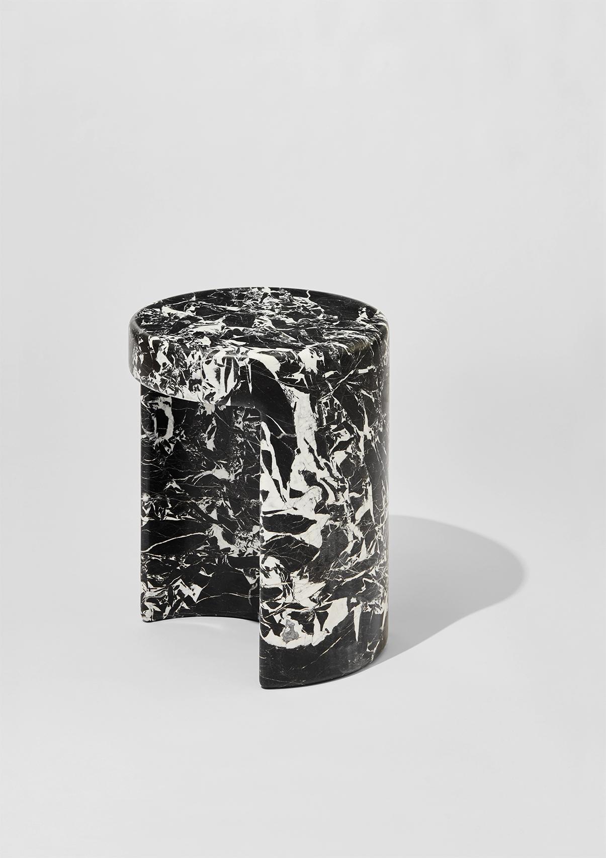 Marble side tables Métaphore designed by Hervé Langlais for Galerie Negropontes in Paris, France. 

Hervé Langlais is a graduate of the Normandy School of Architecture in Rouen. He collaborated with Paul Andreu for over fifteen years, working on the