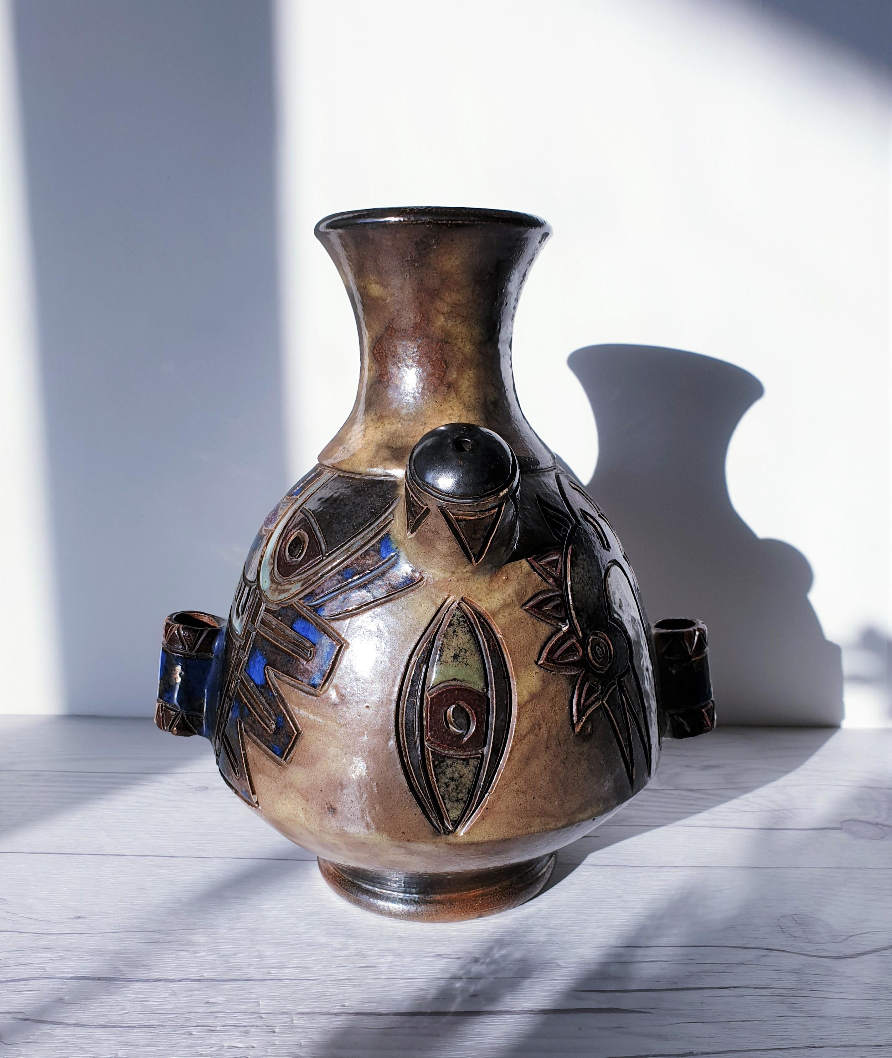 Belgian Guérin by Roger Guérin, Double-Sided Decor Salt-Glaze Stoneware Vase, 1940s For Sale