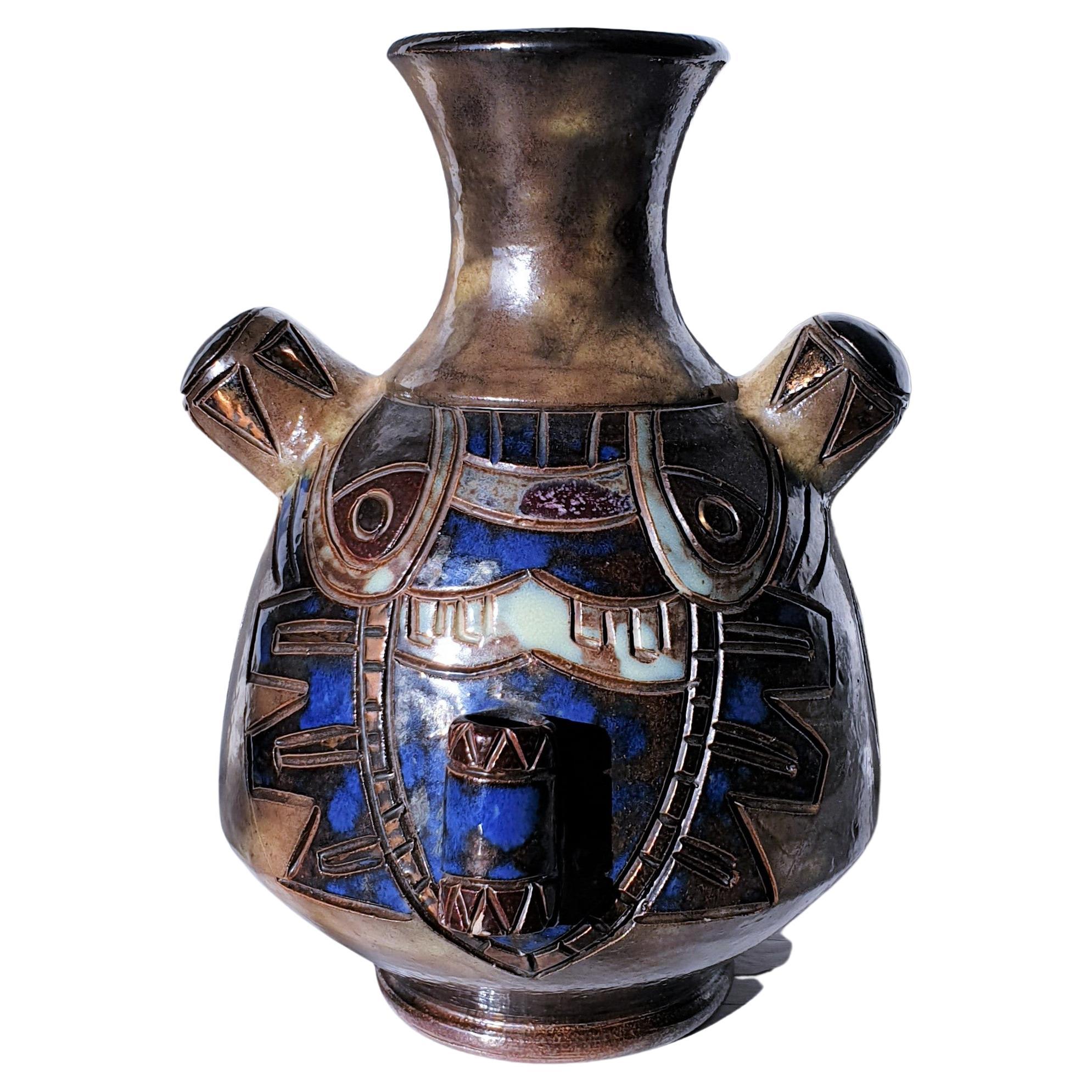 Gurin von Roger Gurin, doppelseitige Vase aus salzglasiertem Steingut mit Dekor, 1940er Jahre