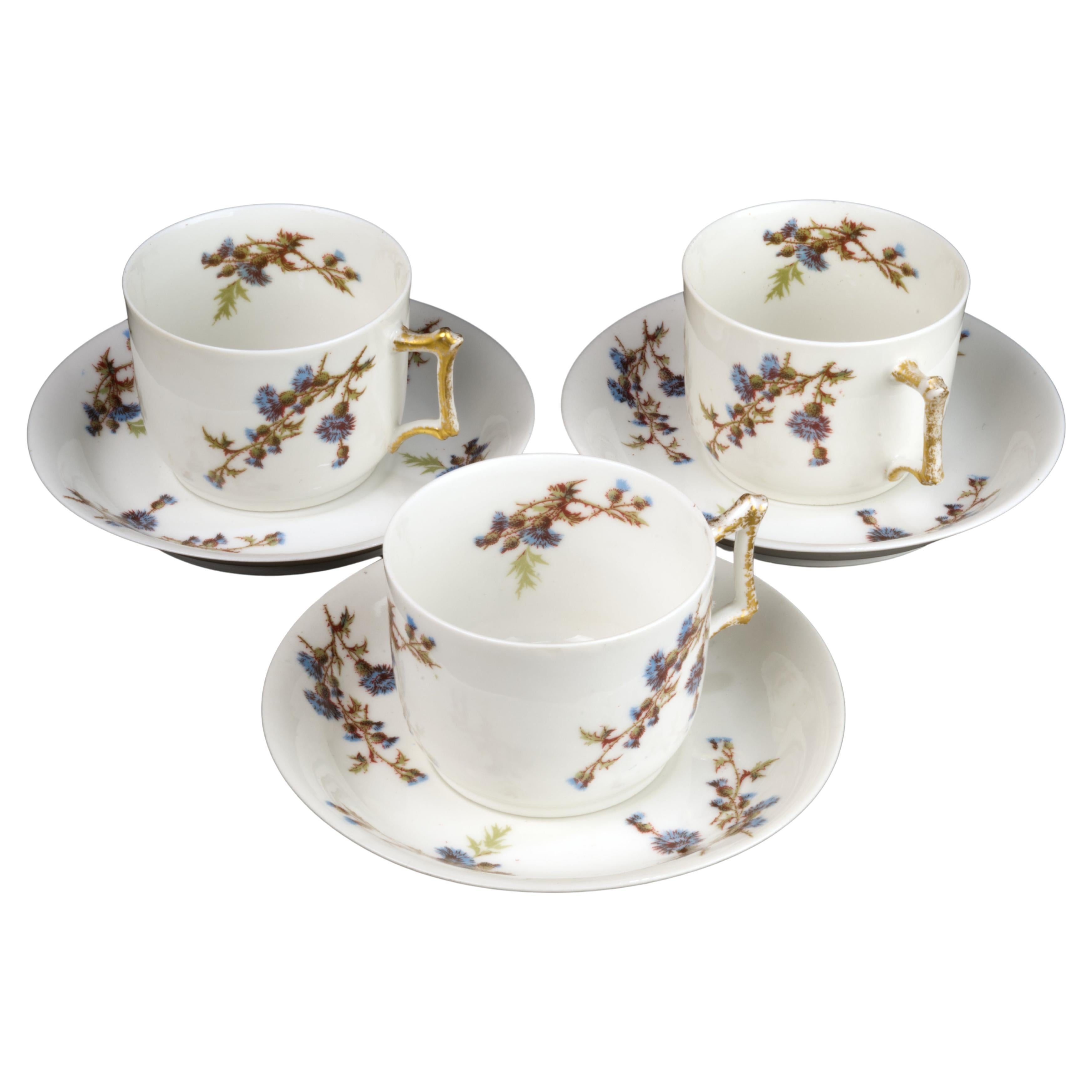 Guerin &Co Limoges France Set of 3 Cups and Saucers Bone China, 1891-1900 For Sale