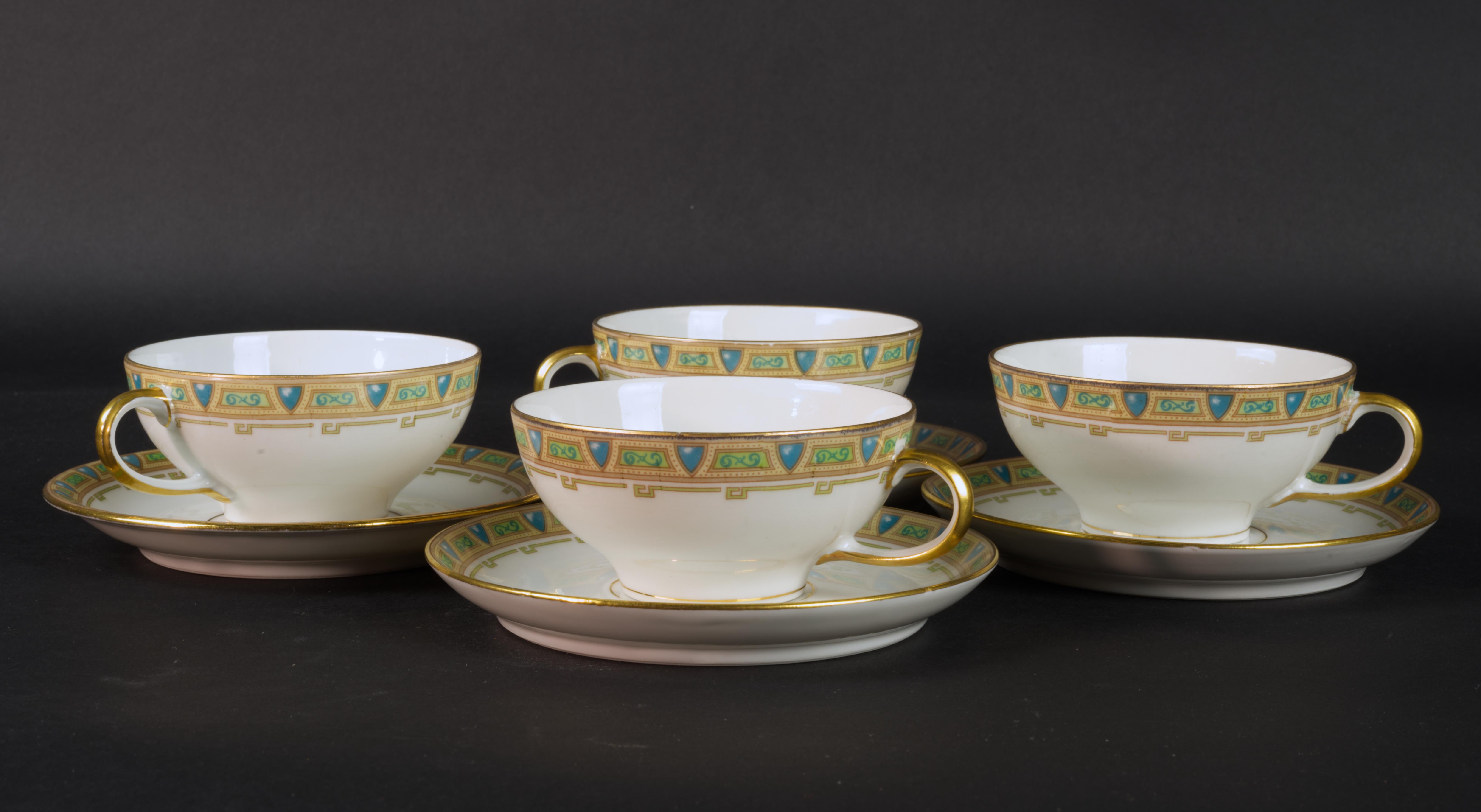 Neoclassical Guerin &Co Limoges France Set of Four Porcelain Cups and Saucers 1891-1900