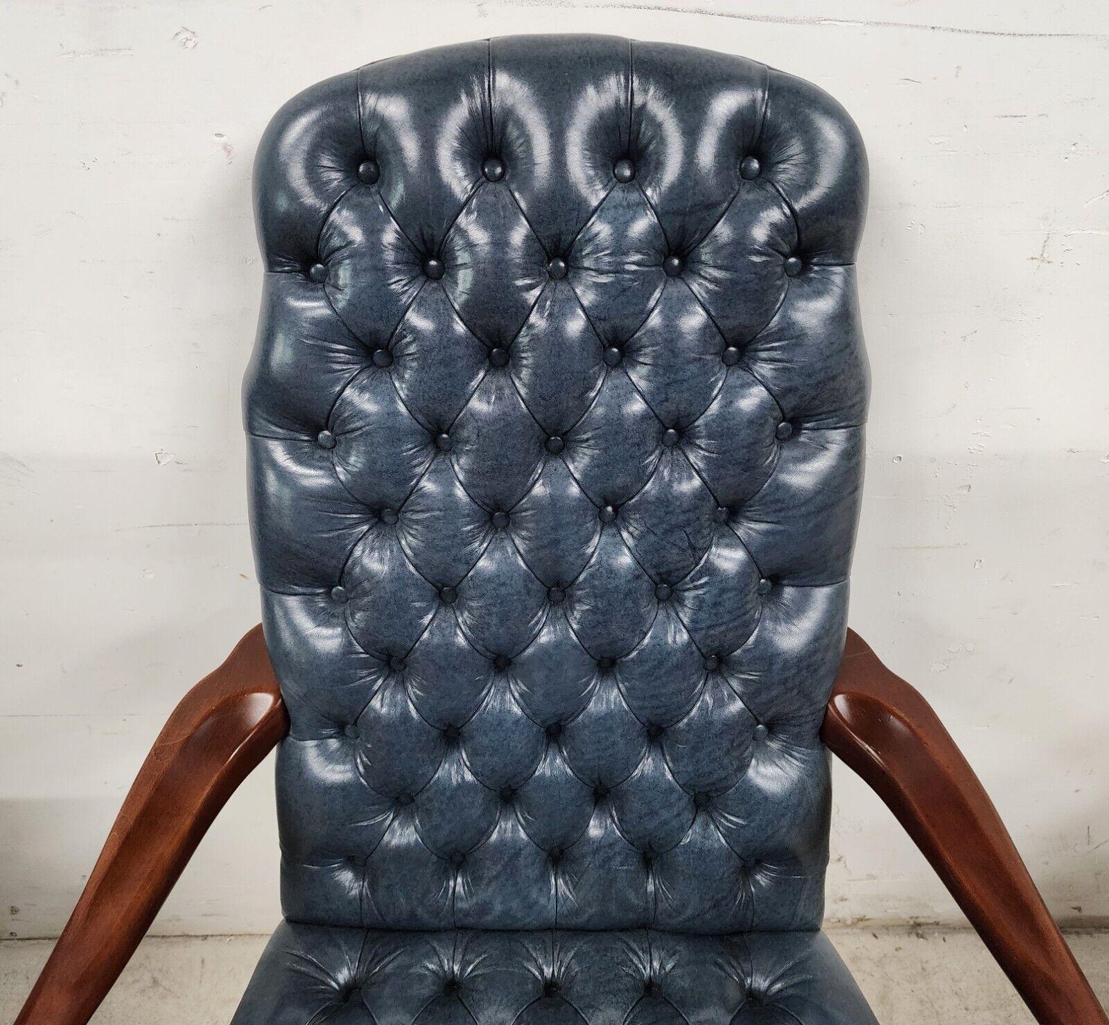 Mid-Century Modern Guerin Leather Armchair Tufted Chesterfield Slate Blue by Leathercraft