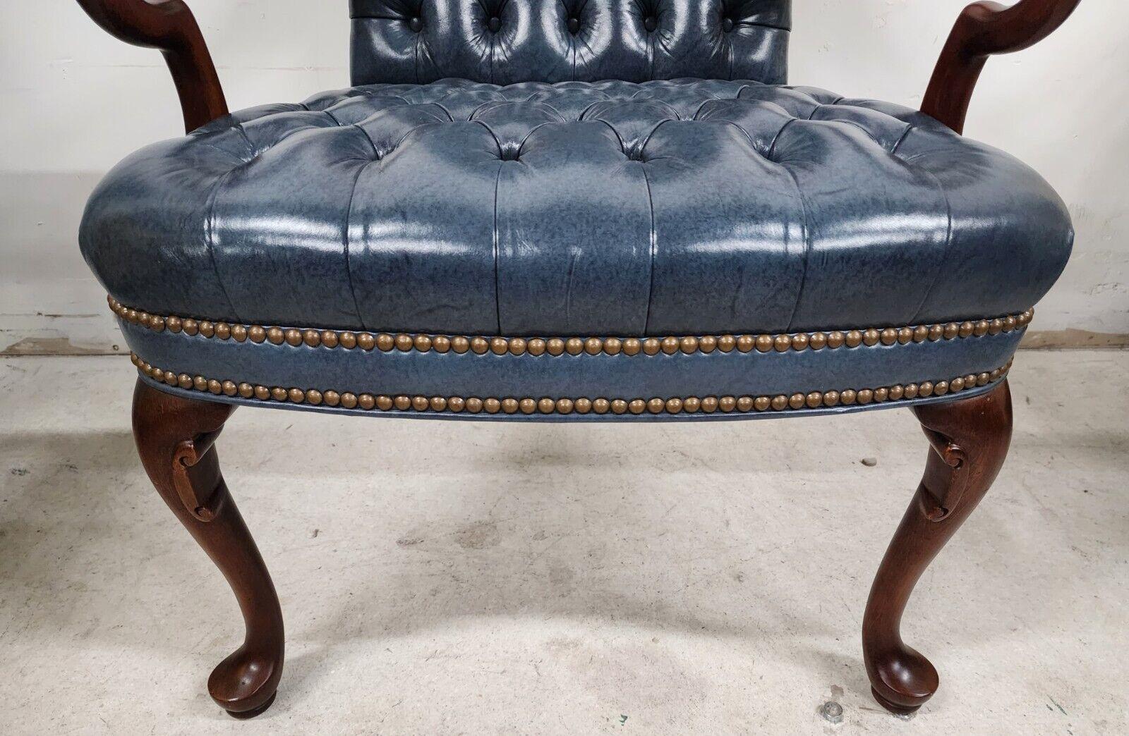 Guerin Leather Armchair Tufted Chesterfield Slate Blue by Leathercraft In Good Condition In Lake Worth, FL