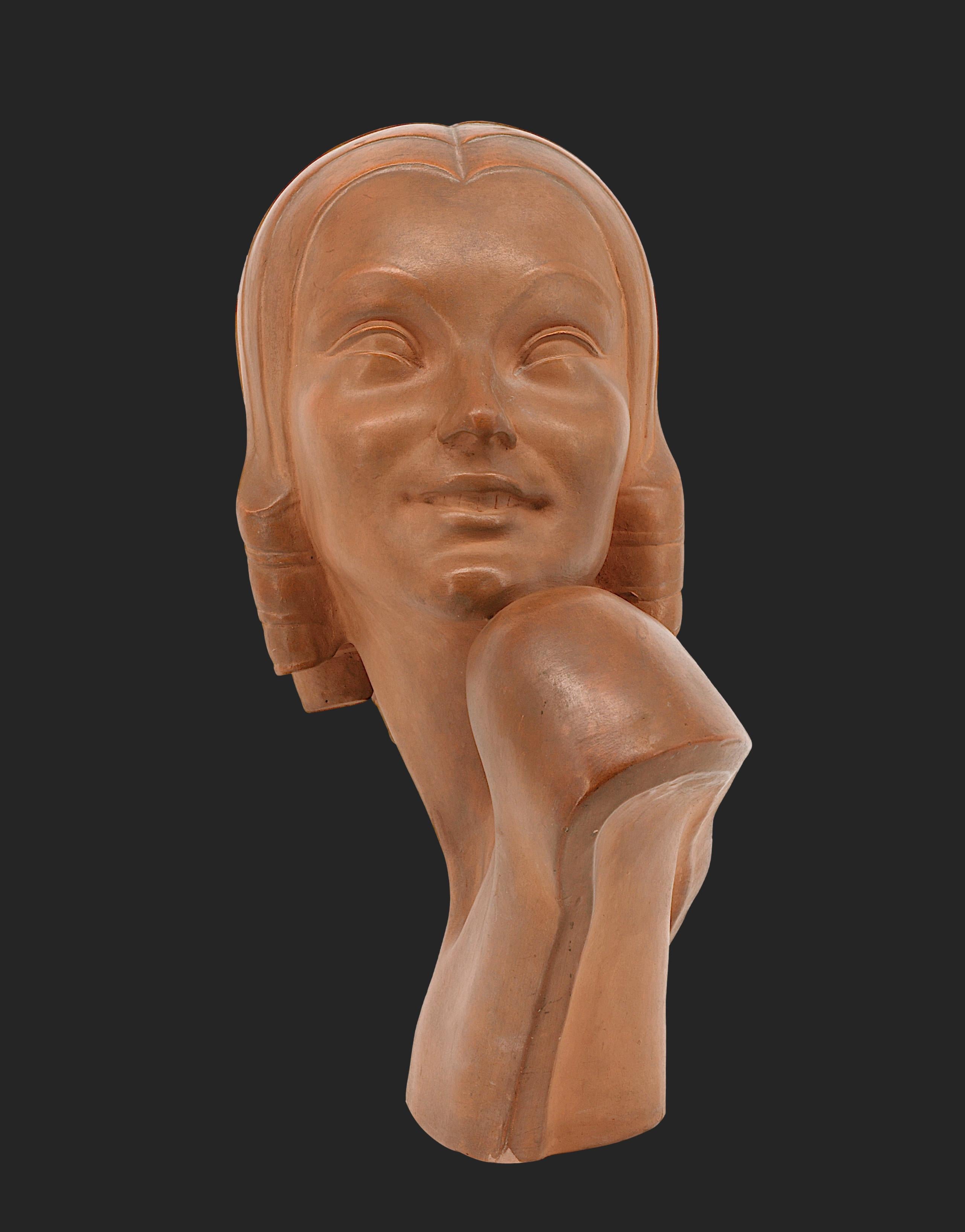 Very stylized French Art Deco terracotta sculpture by Jean-Charles GUERO, France, 1920s. Young lady bust. Height : 14.4