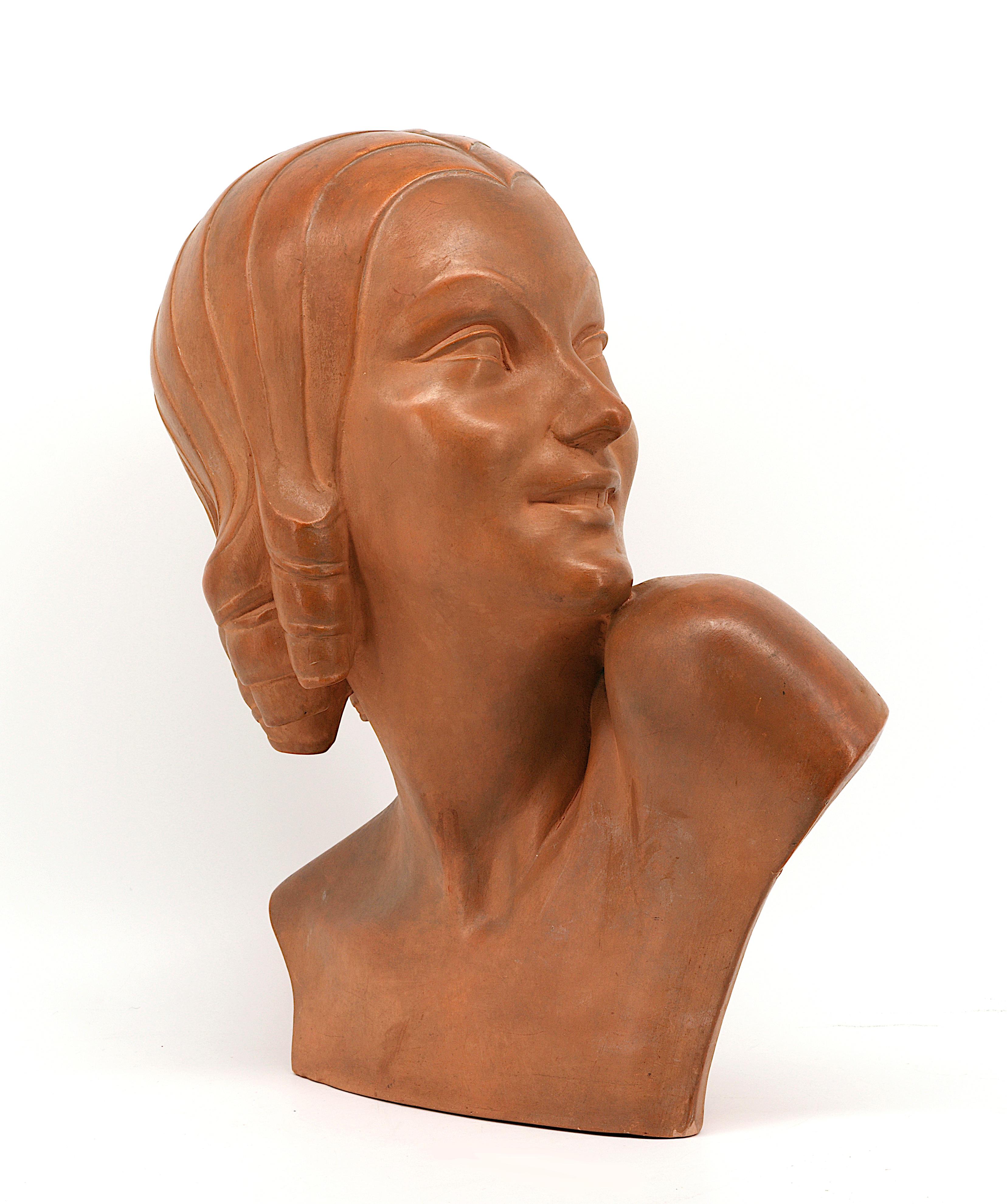 French GUERO Art Deco Terracotta Young Lady Bust, 1920 For Sale