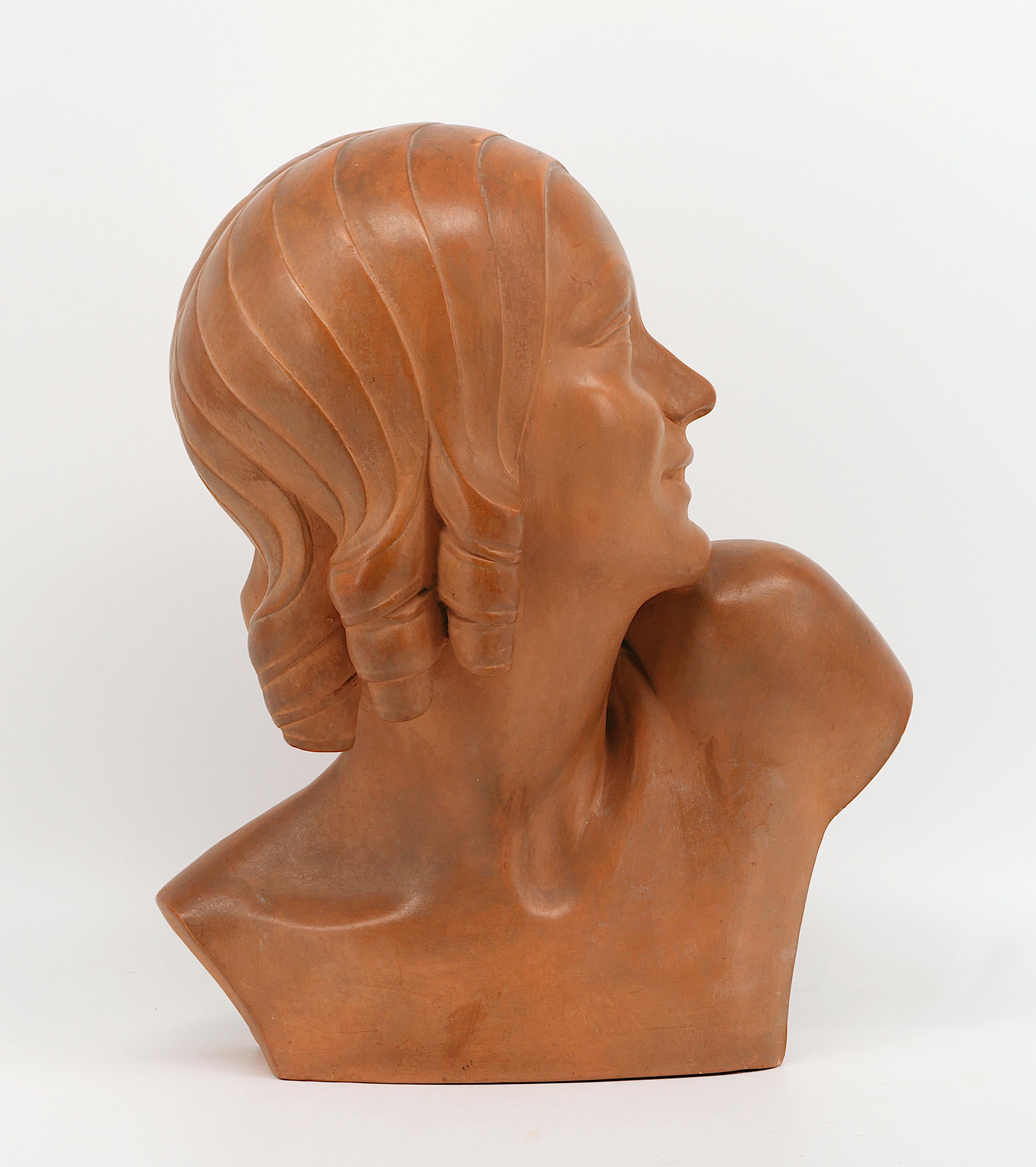 Early 20th Century GUERO Art Deco Terracotta Young Lady Bust, 1920 For Sale