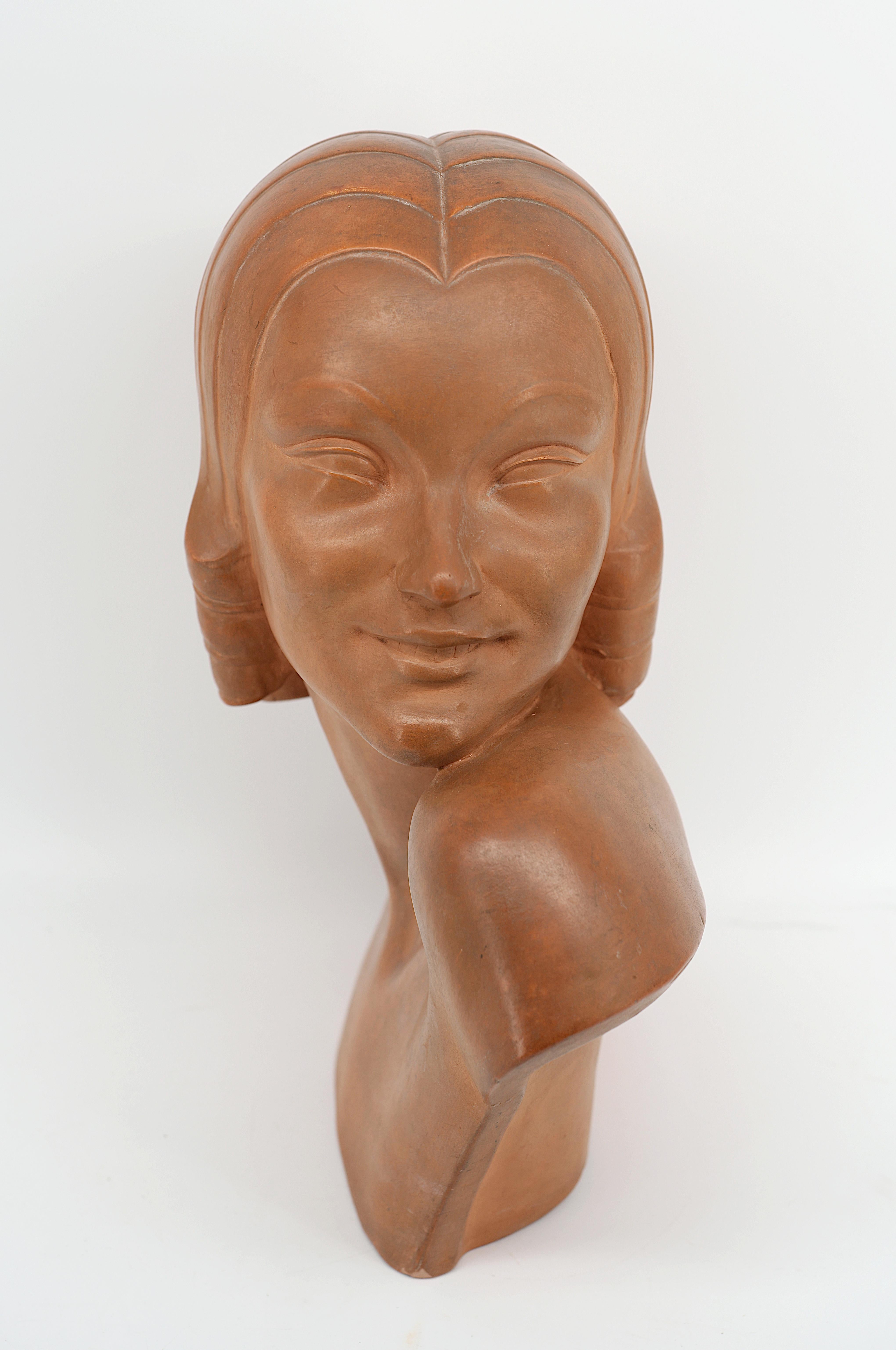 GUERO Art Deco Terracotta Young Lady Bust, 1920 For Sale 2