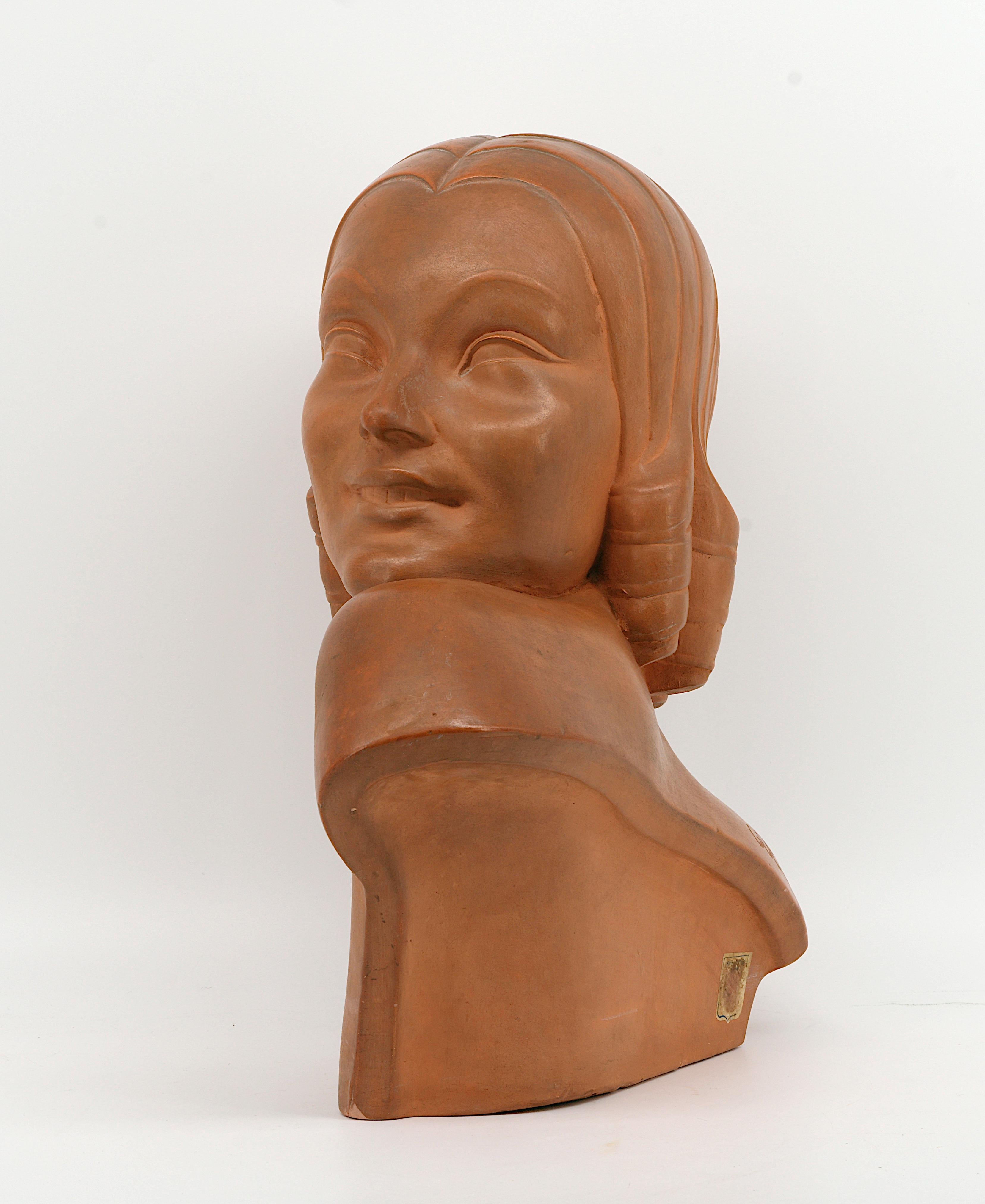 GUERO Art Deco Terracotta Young Lady Bust, 1920 For Sale 3
