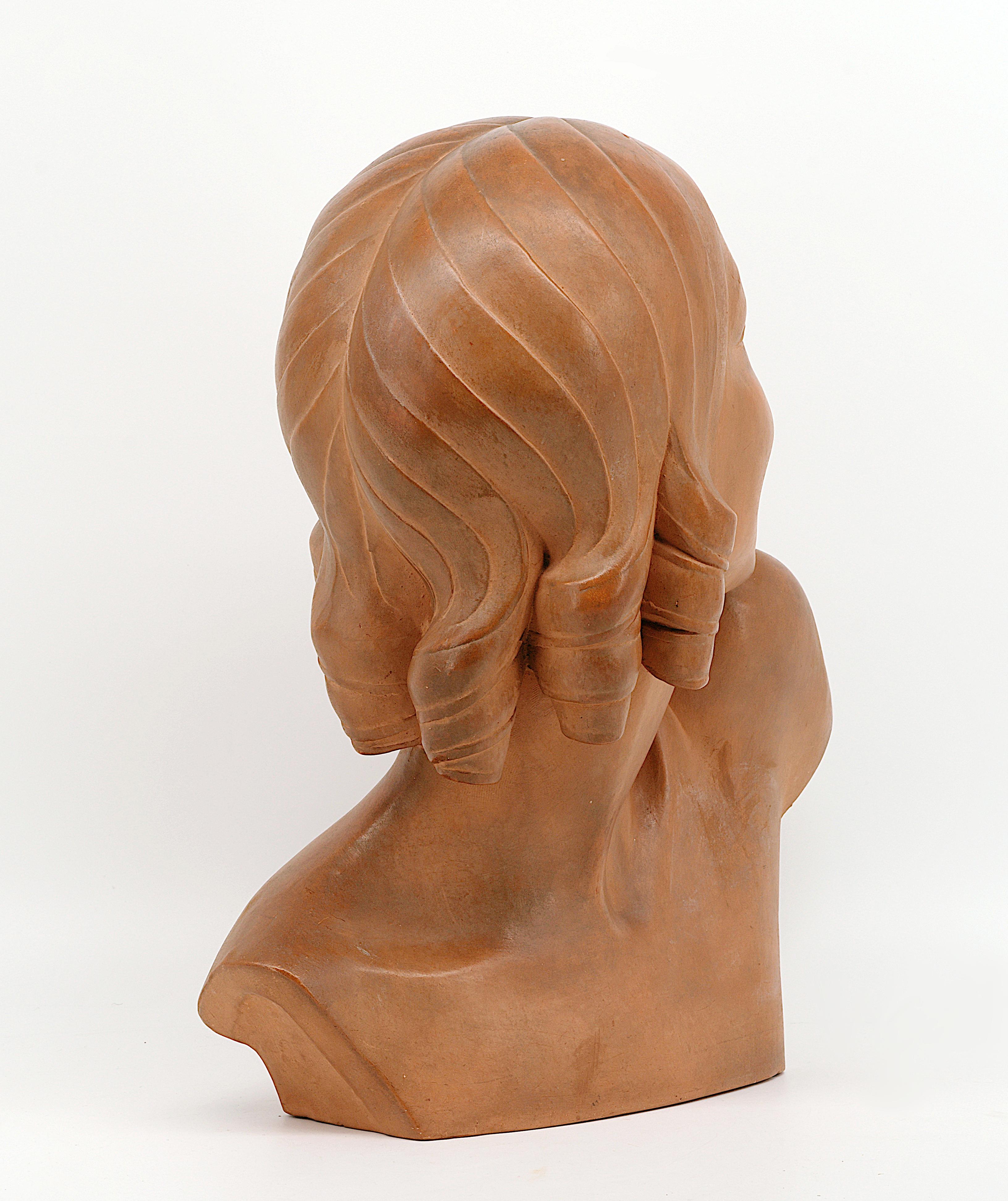 GUERO Art Deco Terracotta Young Lady Bust, 1920 For Sale 4