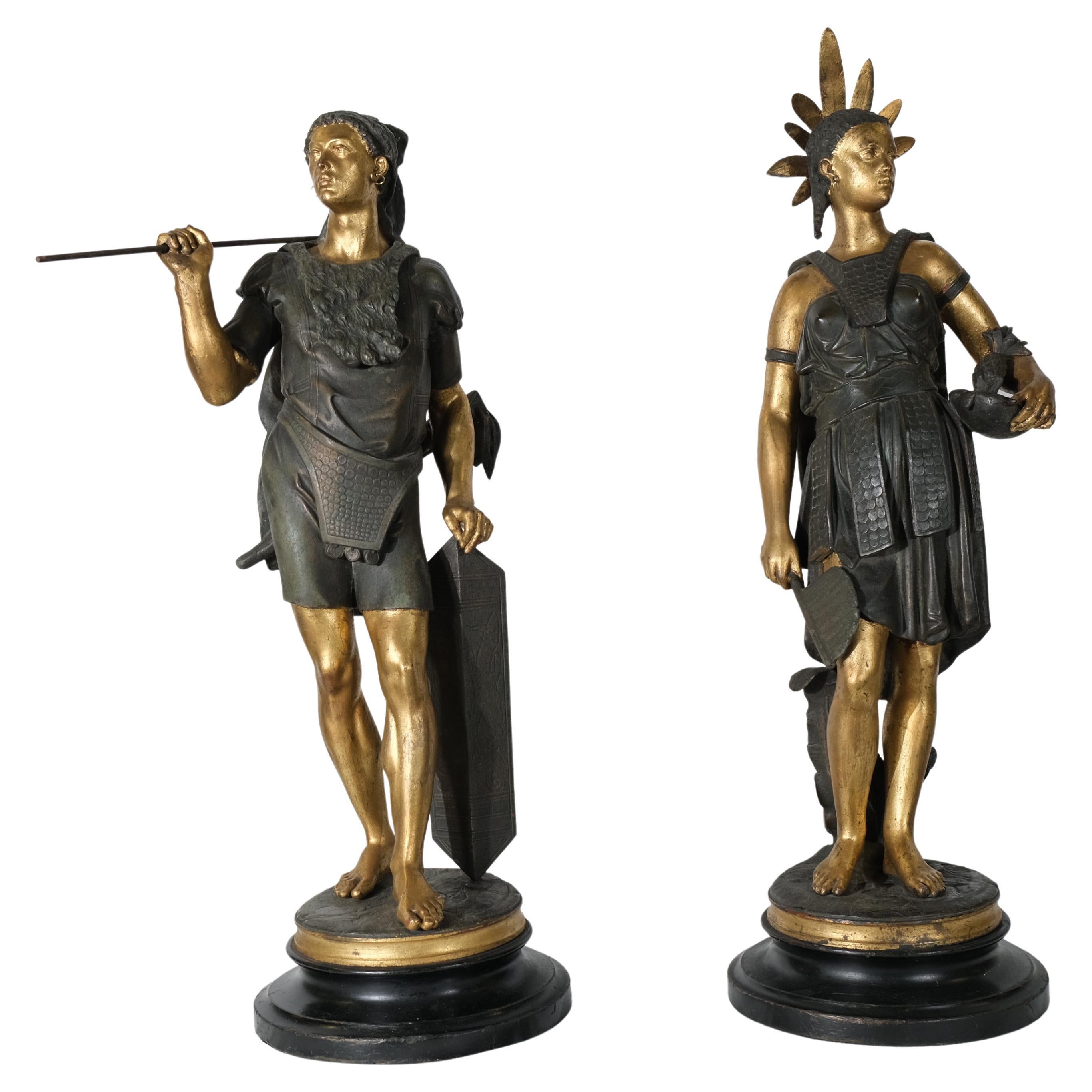 "Guerrier des Amériques". Pareja de esculturas firmadas J J Salmson (1823-1902) en venta