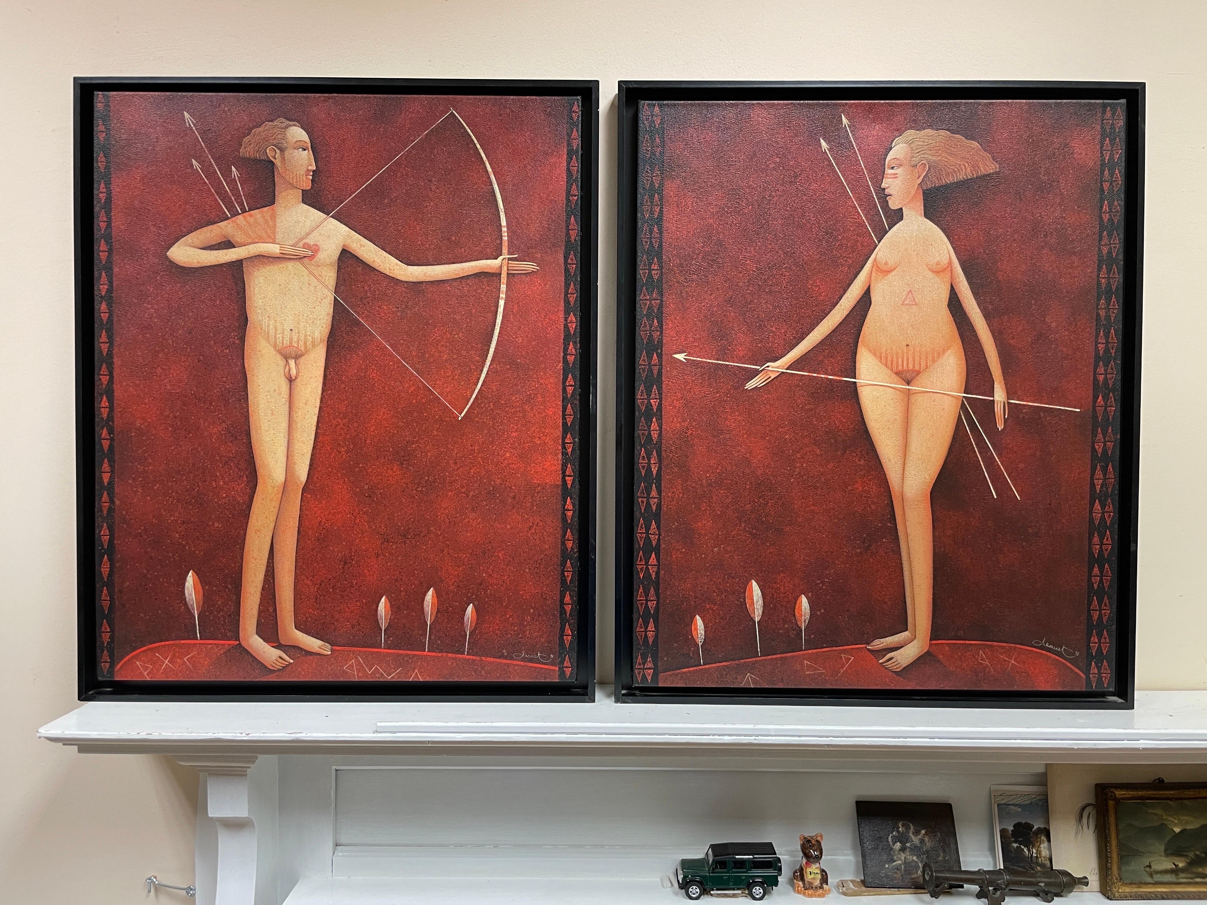 Pair French Surrealist Nude Man & Woman Portraits Archery Bow & Arrow signed - Painting by Guerriere