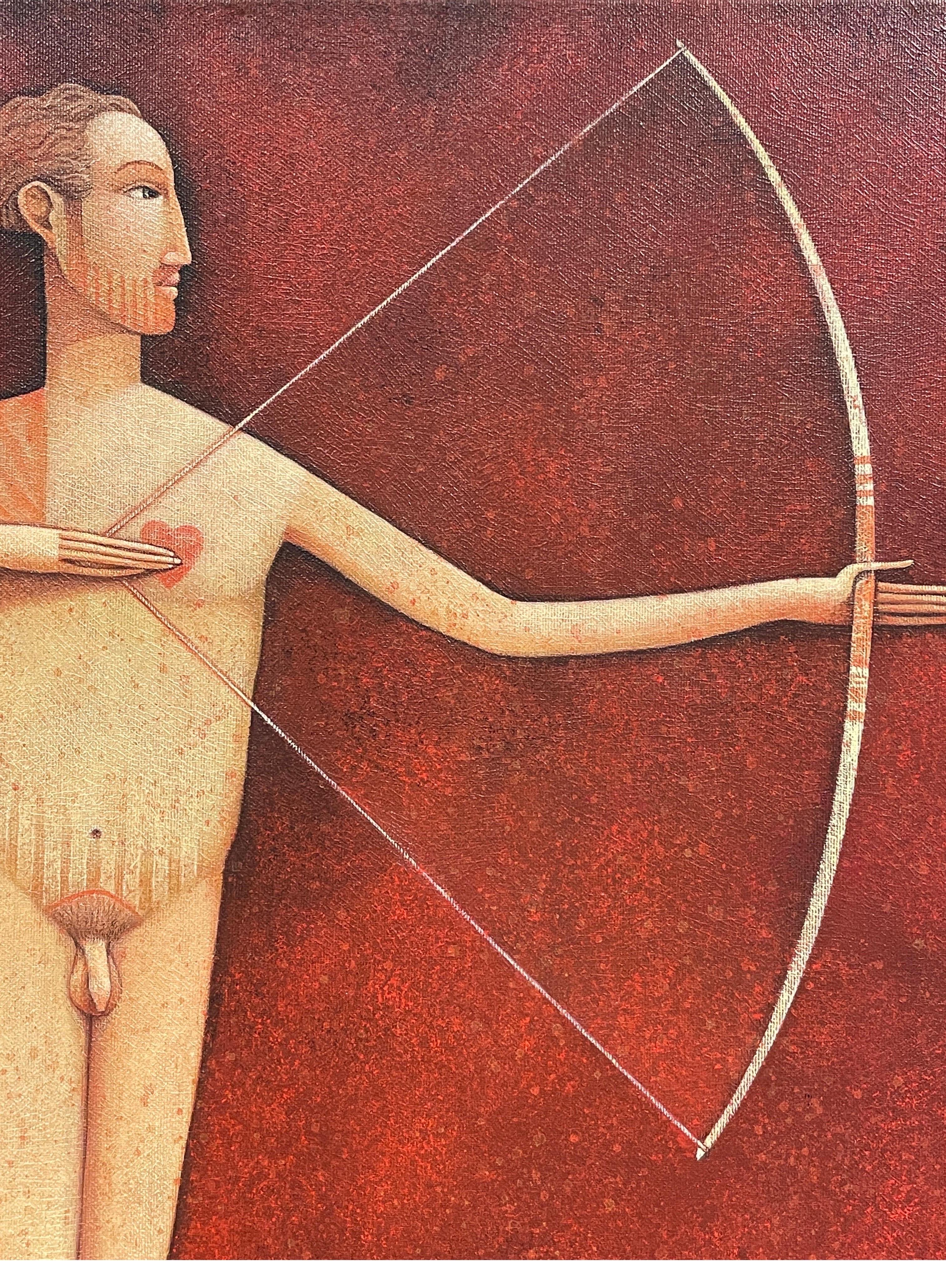 Pareja de retratos surrealistas franceses de hombre y mujer desnudos Arco y flecha firmados - Nude Painting Marrón de Guerriere