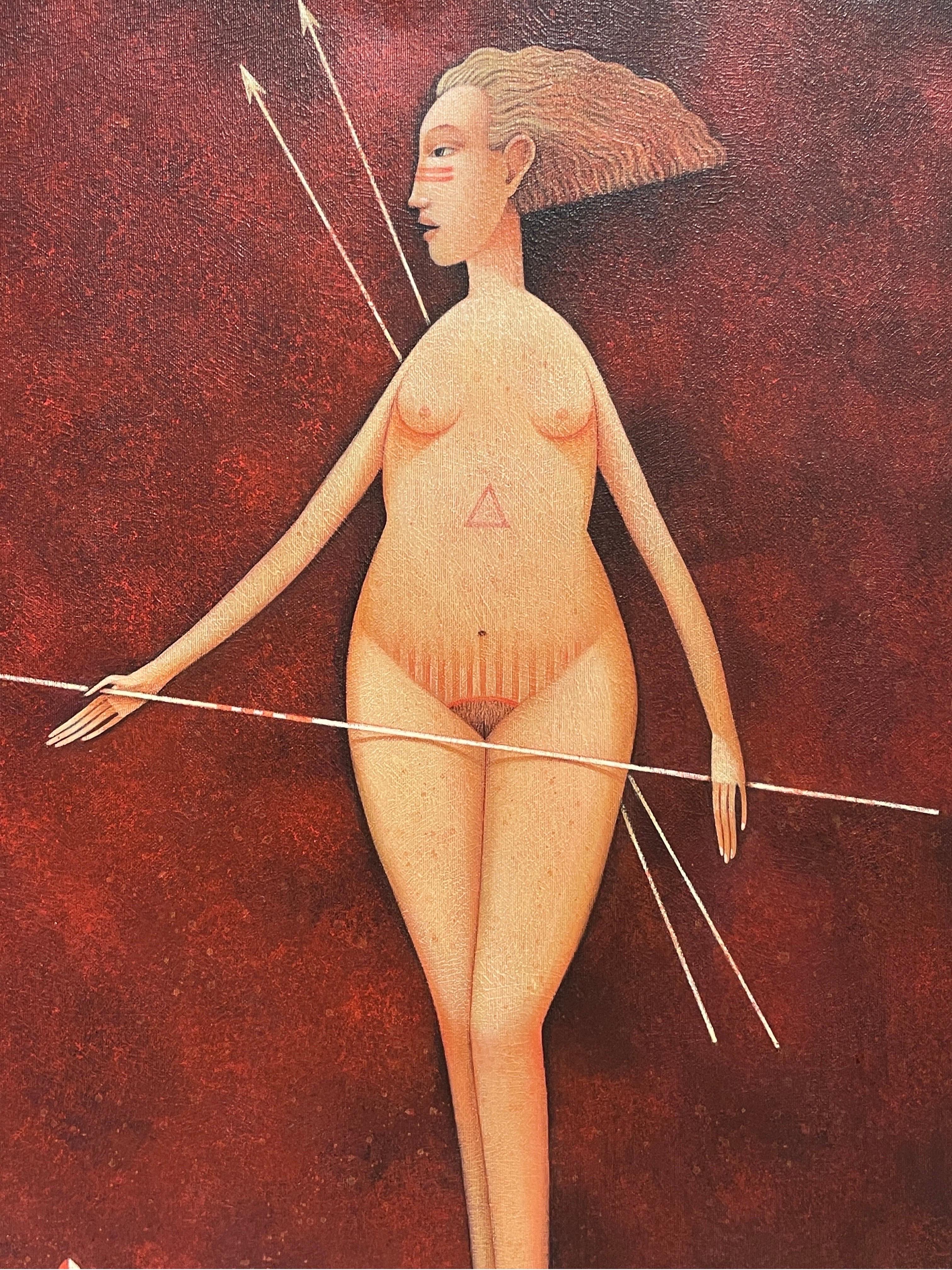Pair French Surrealist Nude Man & Woman Portraits Archery Bow & Arrow signed For Sale 1