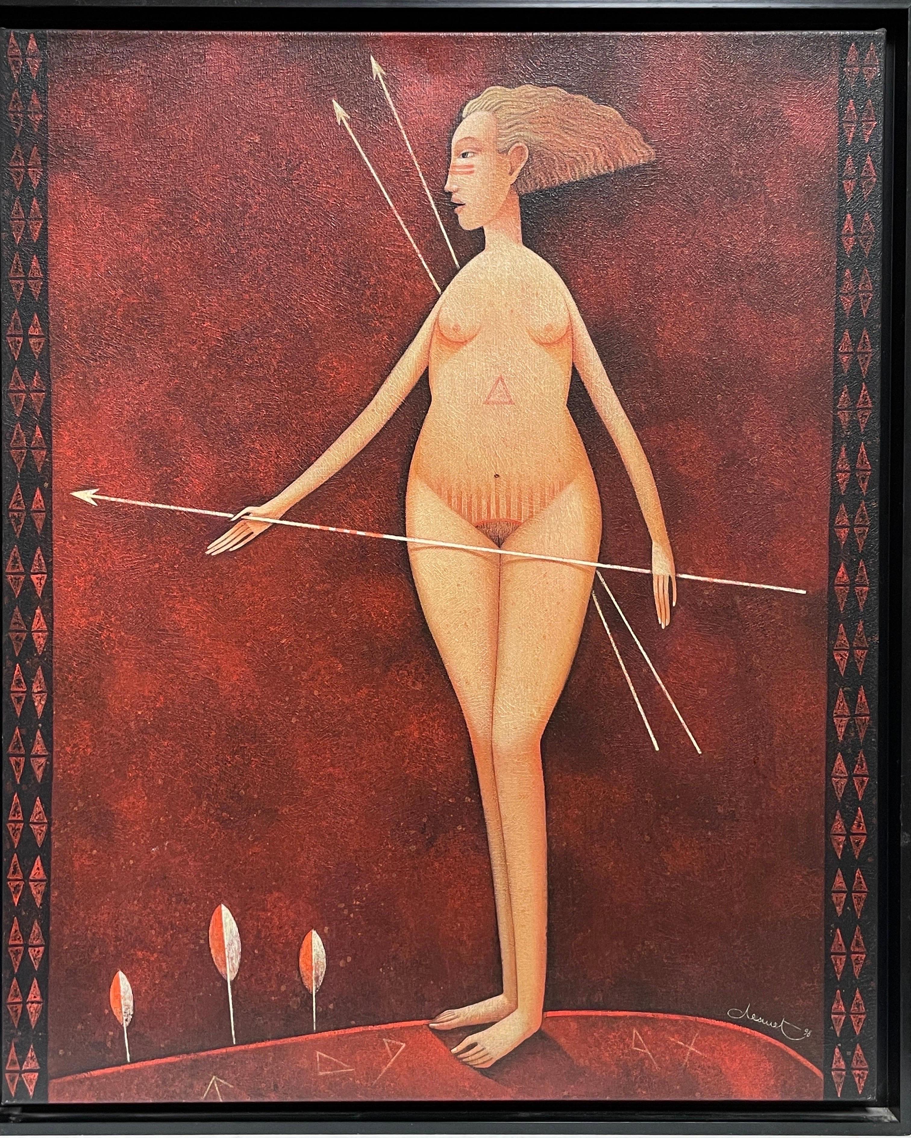 Pair French Surrealist Nude Man & Woman Portraits Archery Bow & Arrow signed For Sale 3