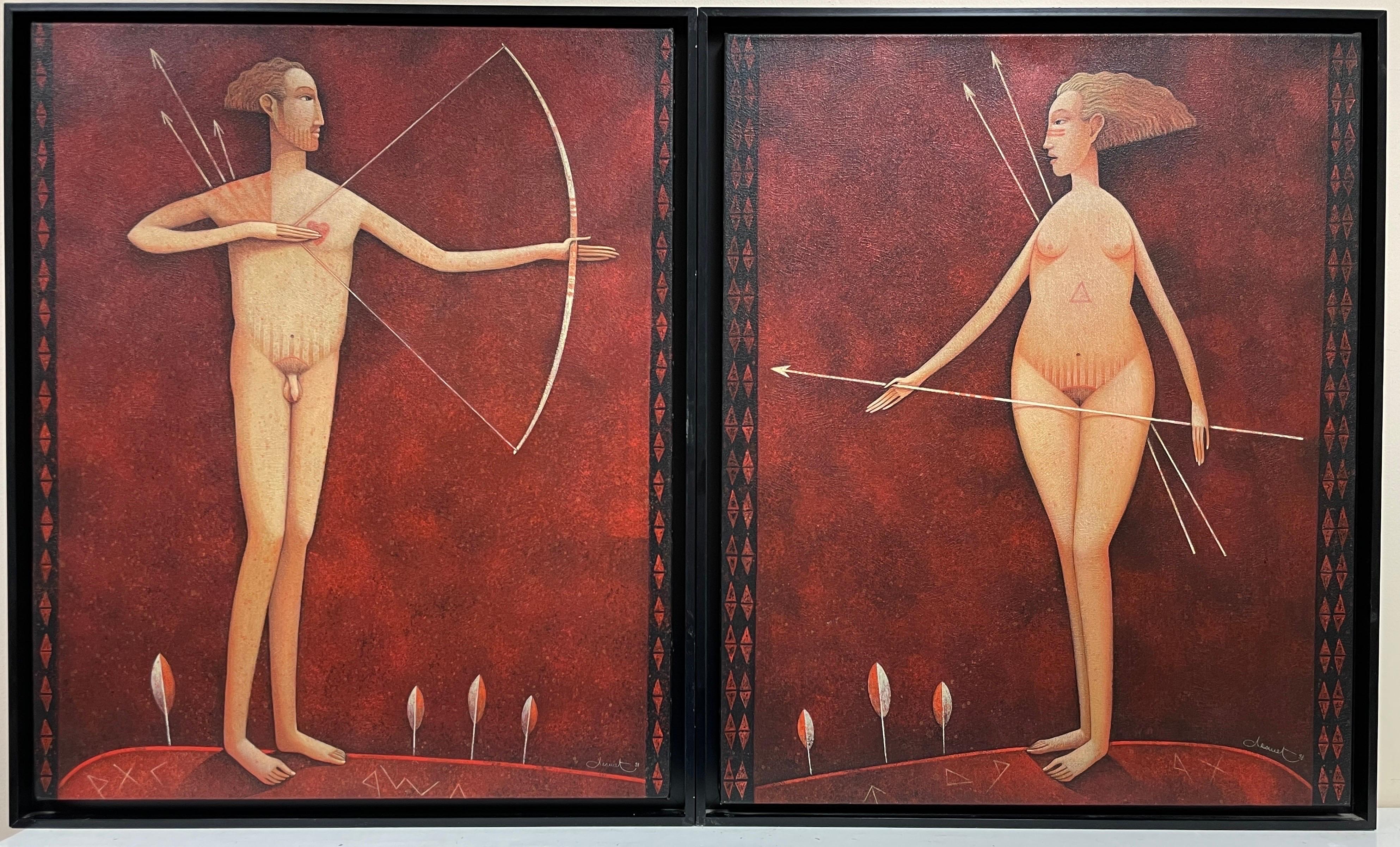 Pair French Surrealist Nude Man & Woman Portraits Archery Bow & Arrow signed