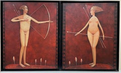Pair French Surrealist Nude Man & Woman Portraits Archery Bow & Arrow signed