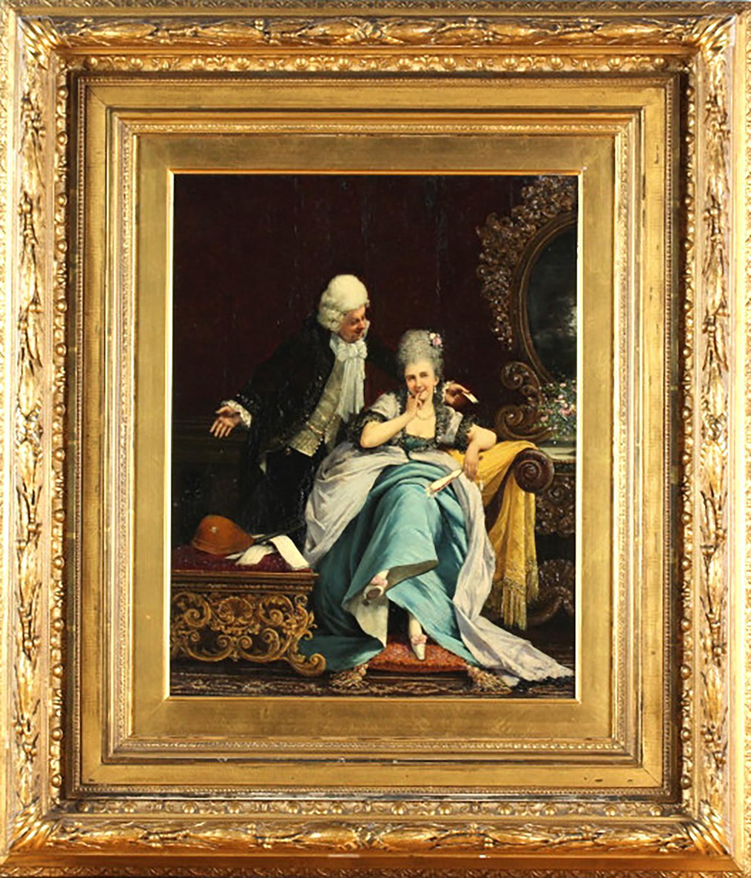 Signed original oil on canvas painting by Guerrino Guardabassi (1841-1893 Italy) Depicts a French courtesan flirting with an elder gentleman. Finely painted portrait work. Signed lower left. Housed in an ornate gold gilt antique frame. Work window