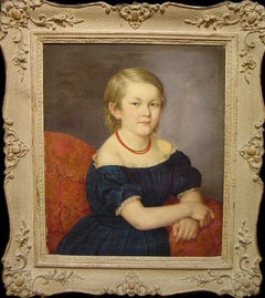 Portrait of a Young Lady w Red Coral necklace 19th century Italian oil painting