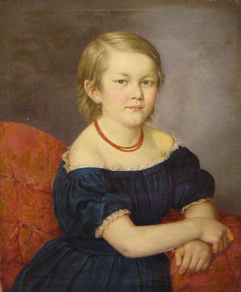 Portrait of a Young Lady w Red Coral necklace 19th century Italian oil painting