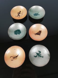 Guest Ashtray Set in Enameled Copper with Zodiac Signs, Italy, 1950s, Set of 6