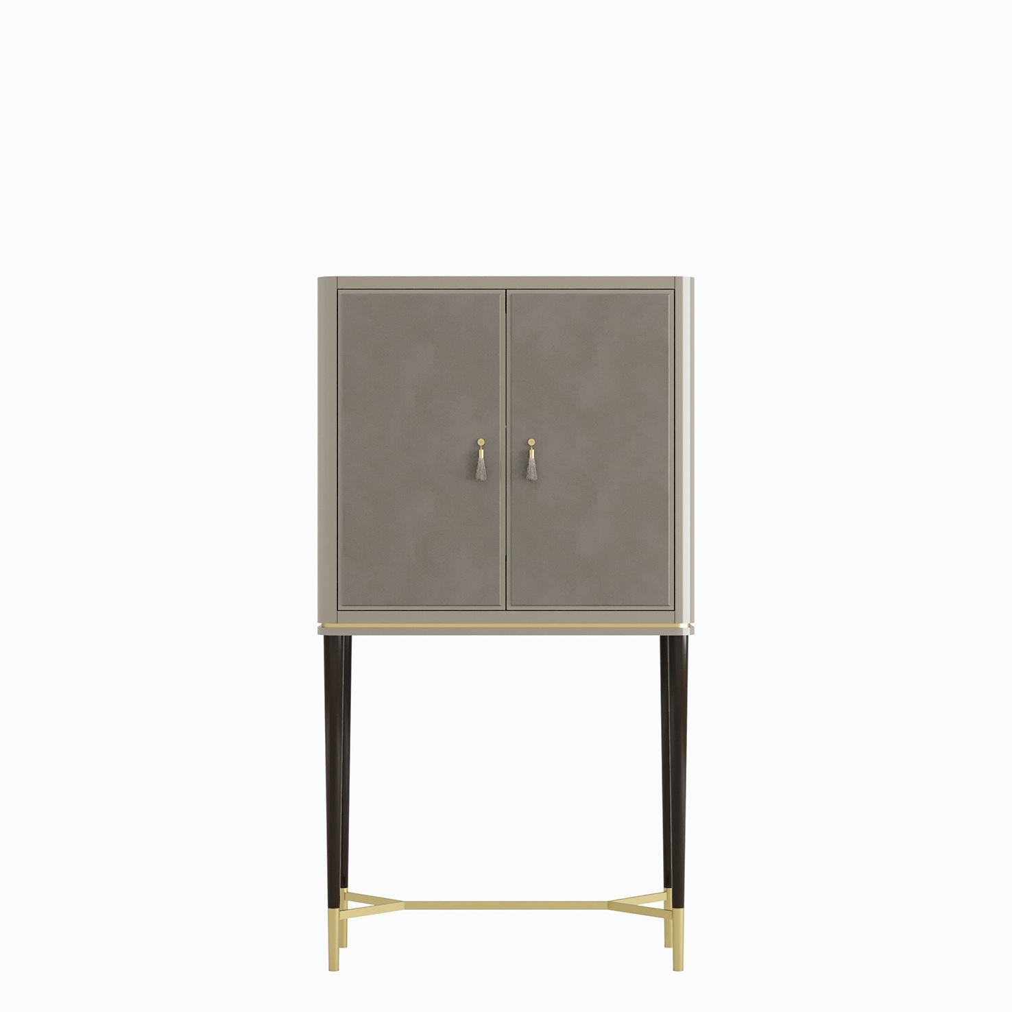 Contemporary GUGA Bar Cabinet with Lined Doors and Antique Brass Feet and Handles For Sale