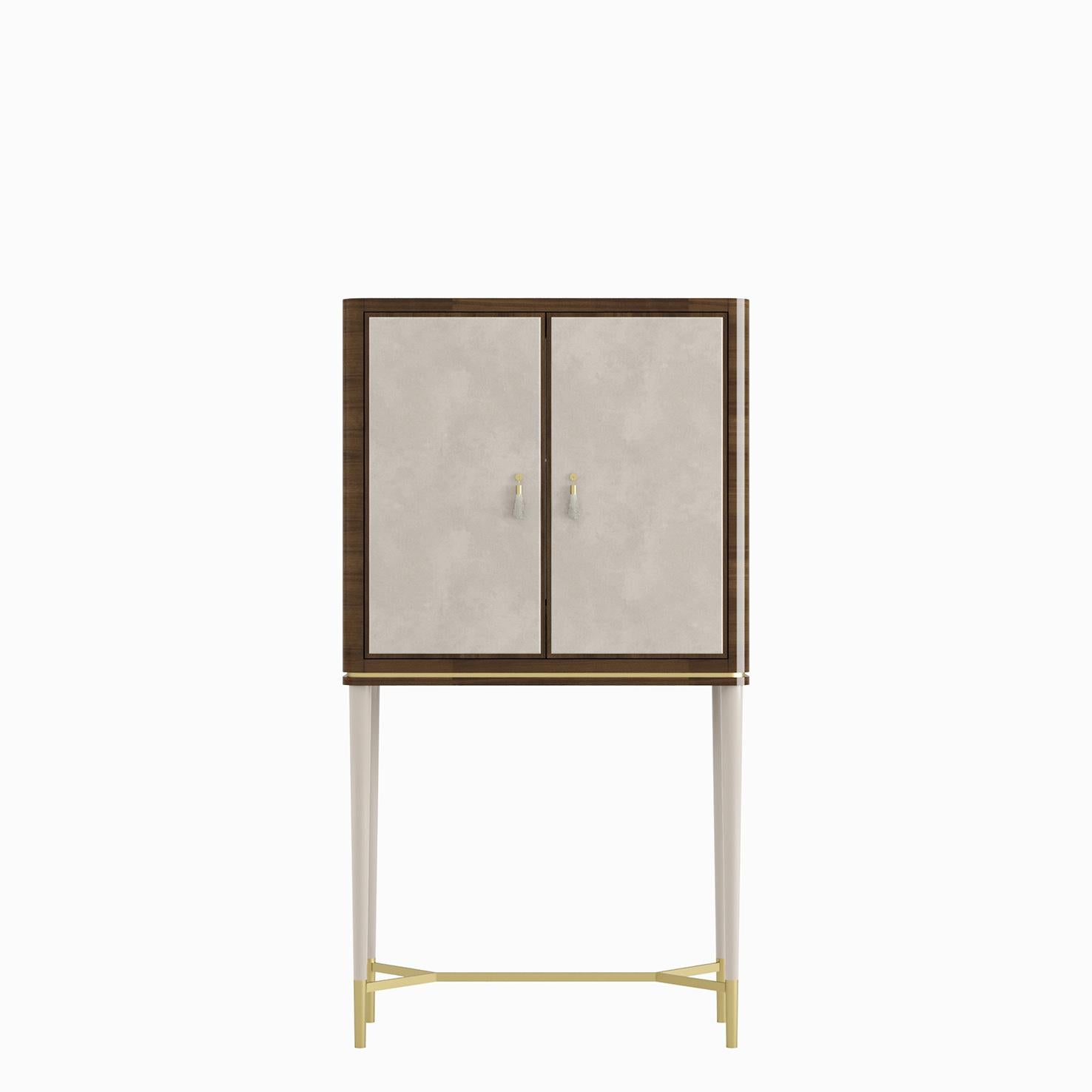 Modern GUGA Bar Cabinet with Lined Doors and Antique Brass Feet and Handles For Sale