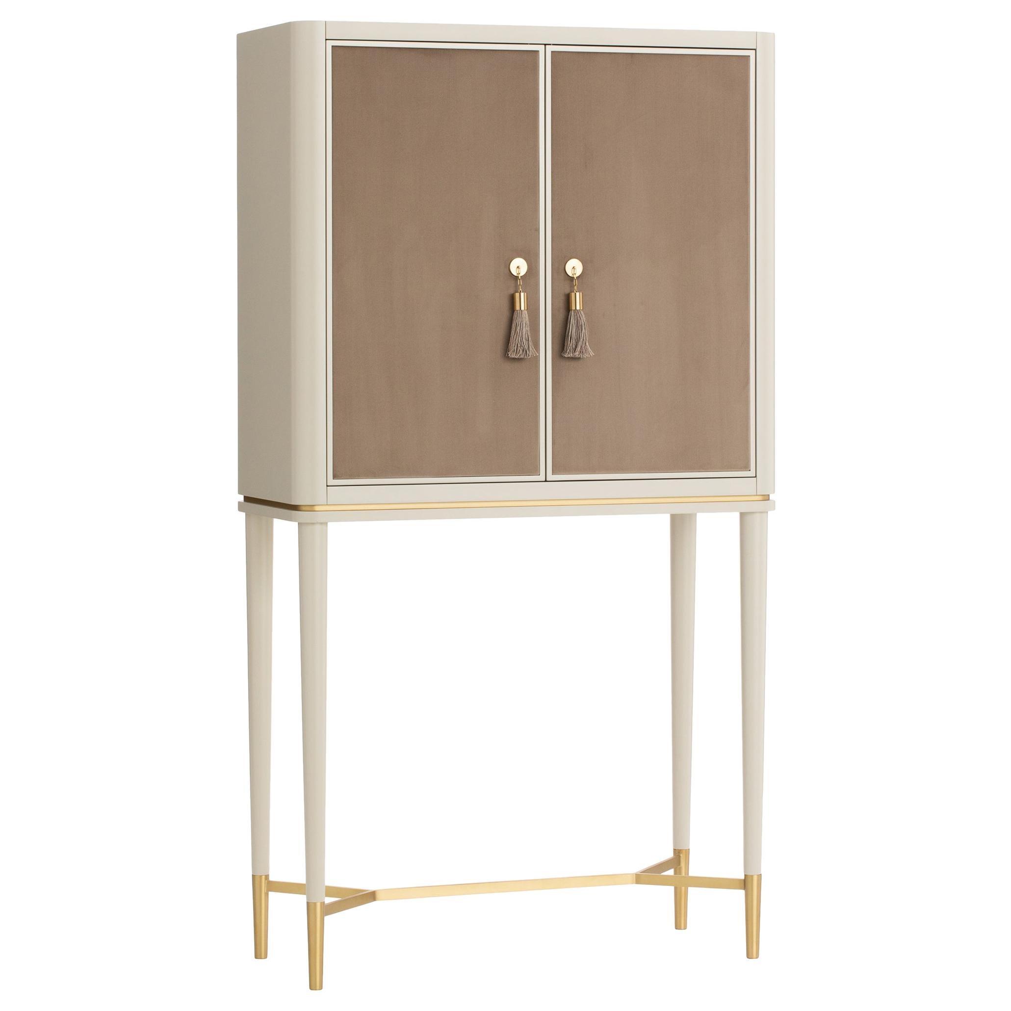 Guga Bar Cabinet with Lined Doors and Antique Brass Feet and Handles