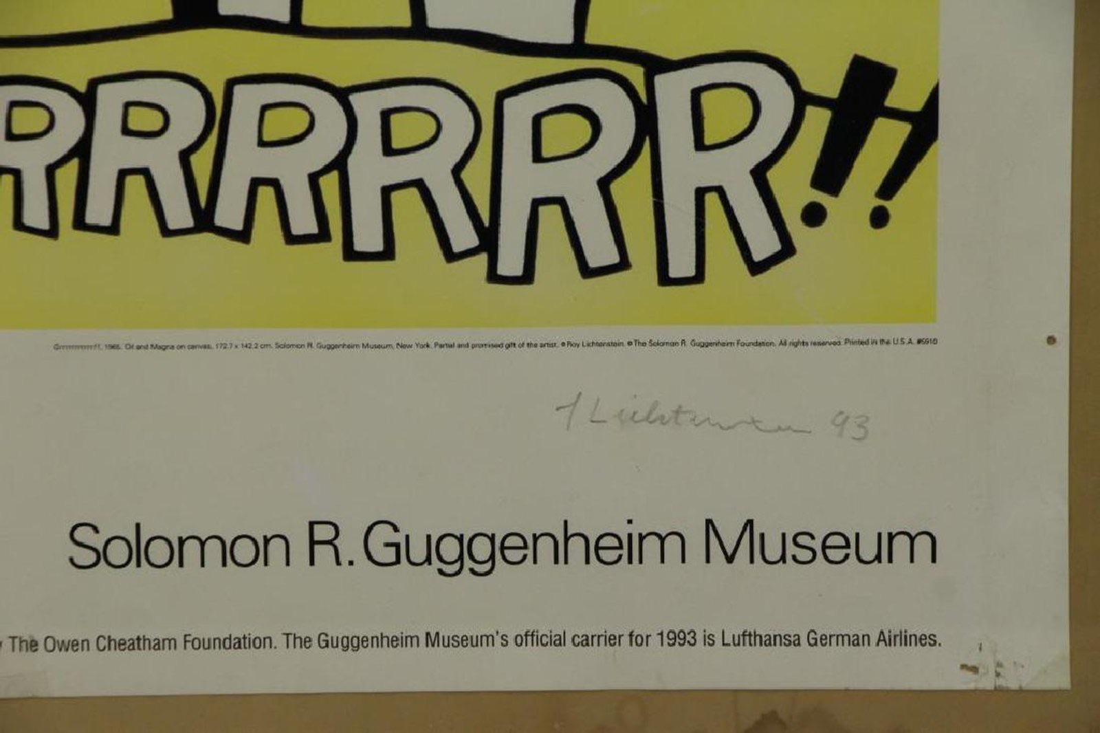 Guggenheim Museum exhibition poster 
Signed in pencil by artist on lower right. 

Grrrrrrrrrrr!! is a 1965 oil and Magna on canvas painting by Roy Lichtenstein. Measuring 68 in × 56.125 in (172.7 cm × 142.6 cm), it was bequeathed to the Solomon R.