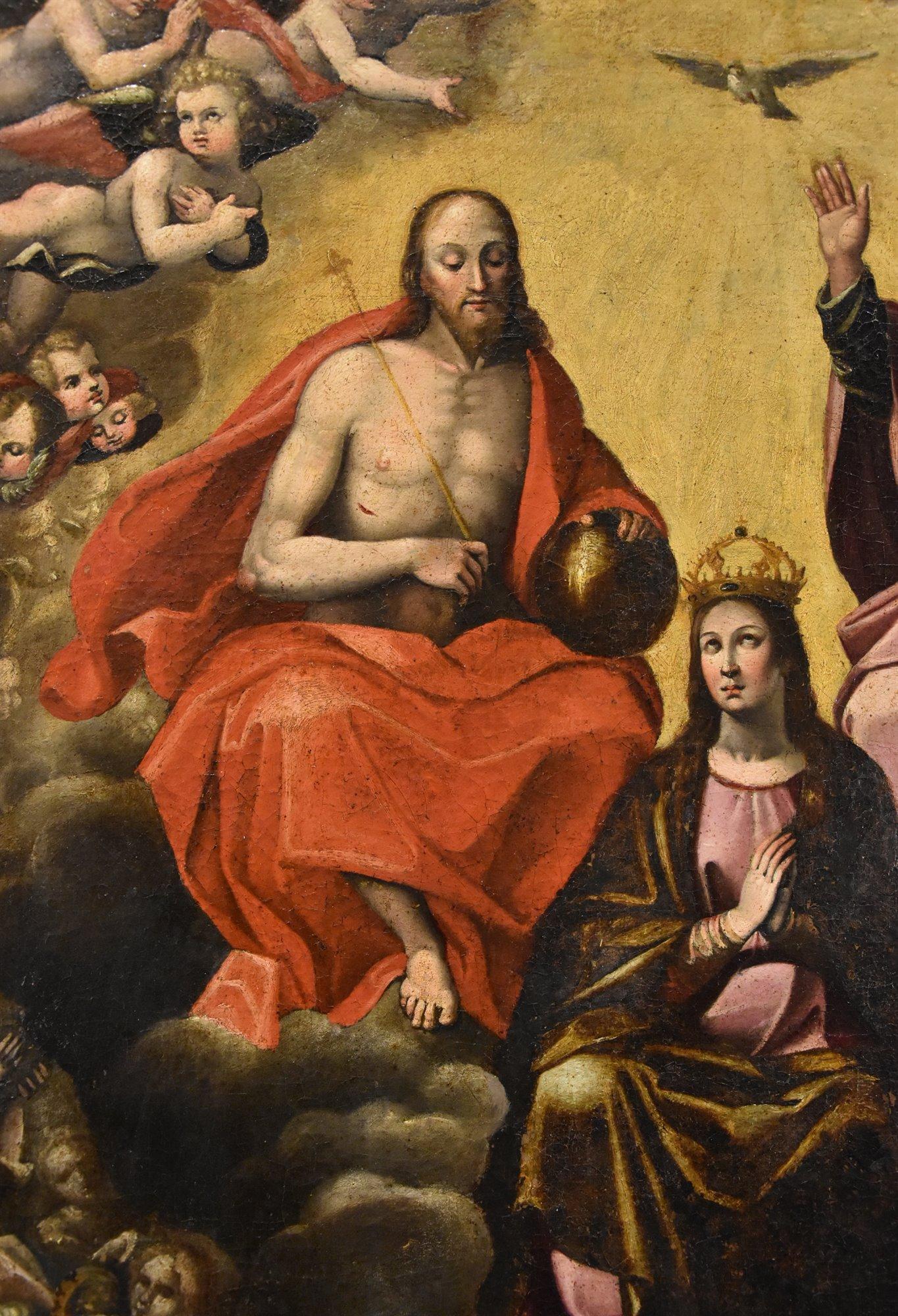 Himmelfahrt Jungfrau Dreifaltigkeit Caccia Gemälde 17. Jahrhundert Öl auf Leinwand Alte Meister Kunst (Schwarz), Portrait Painting, von Guglielmo Caccia (Monabone, 1568 - Moncalvo, 1625) 