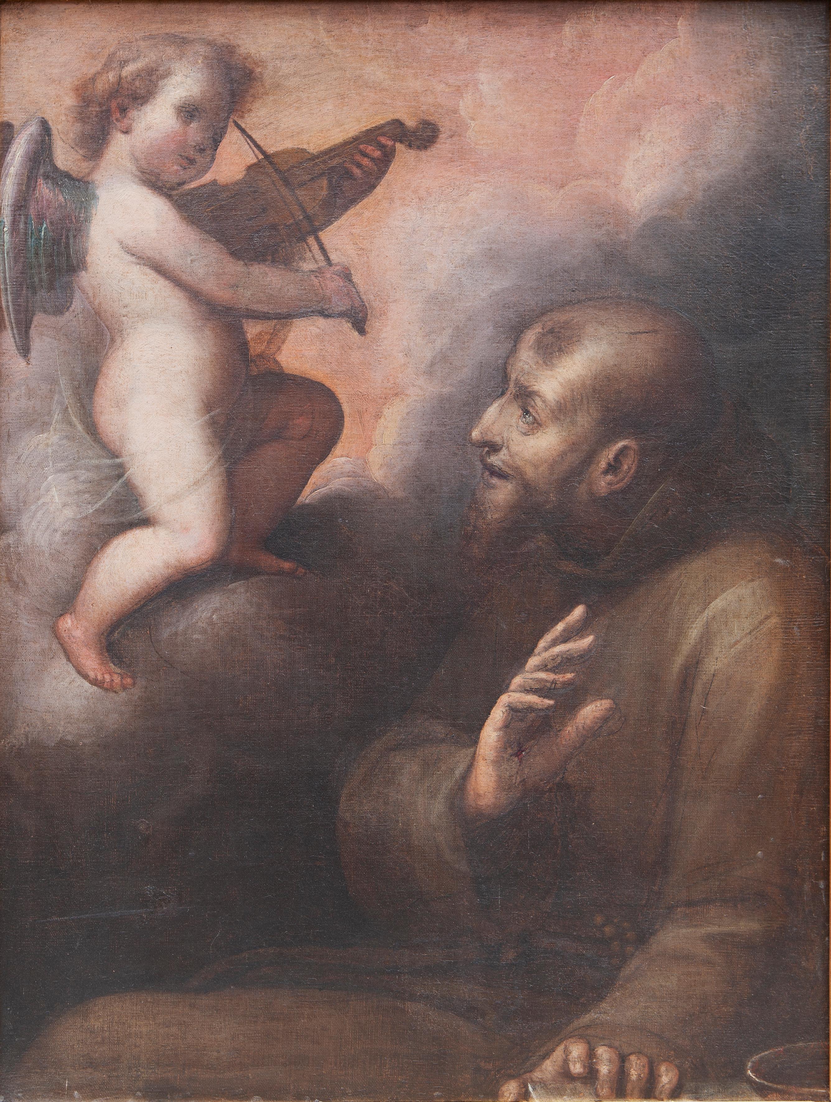 Der heilige Franz von Assisi, getröstet von einem Engel – Painting von Guglielmo Caccia said the Moncalvo (Montabone, 1568 - Moncalvo, 1625)