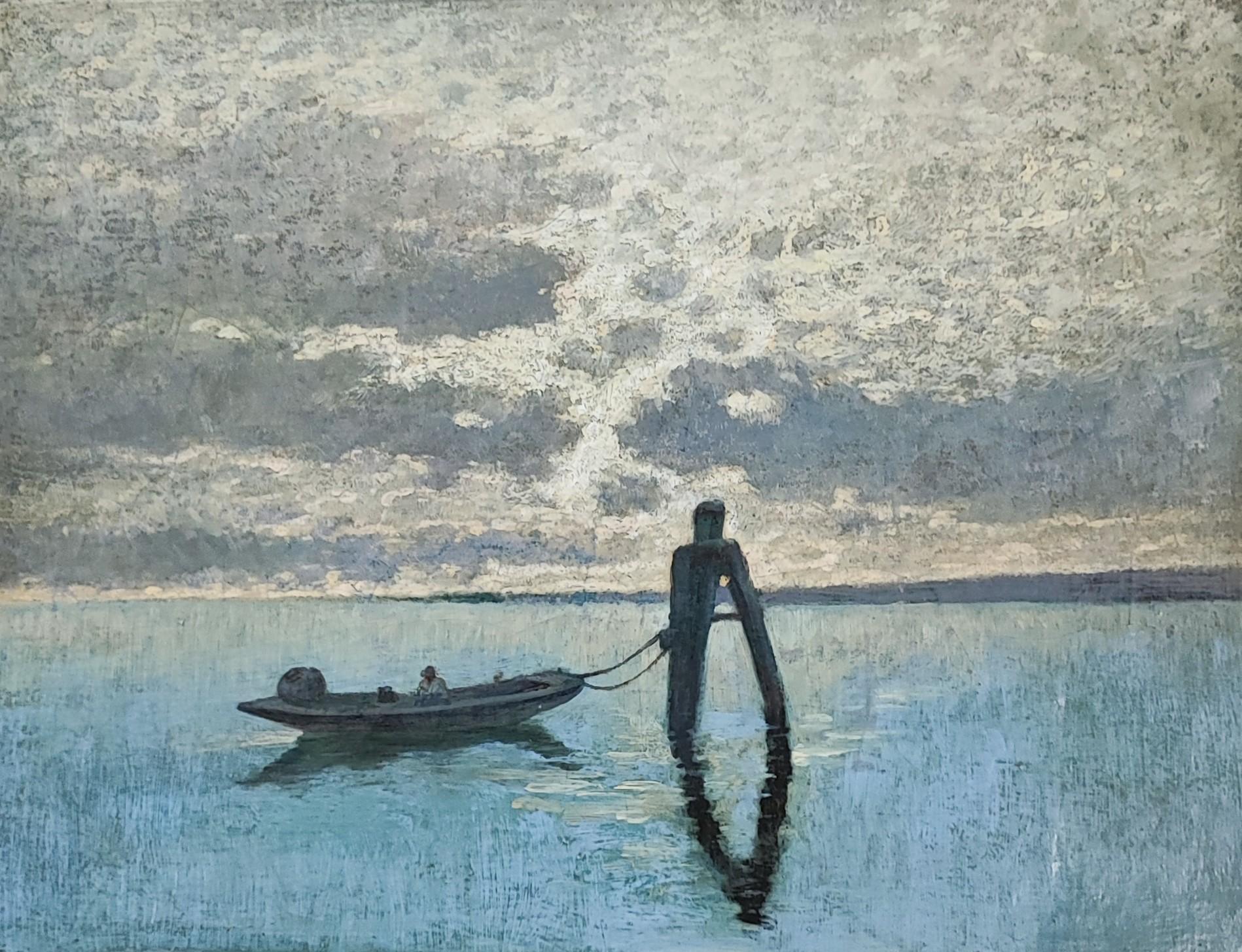 Guglielmo Ciardi Figurative Painting - Fisherman in a boat