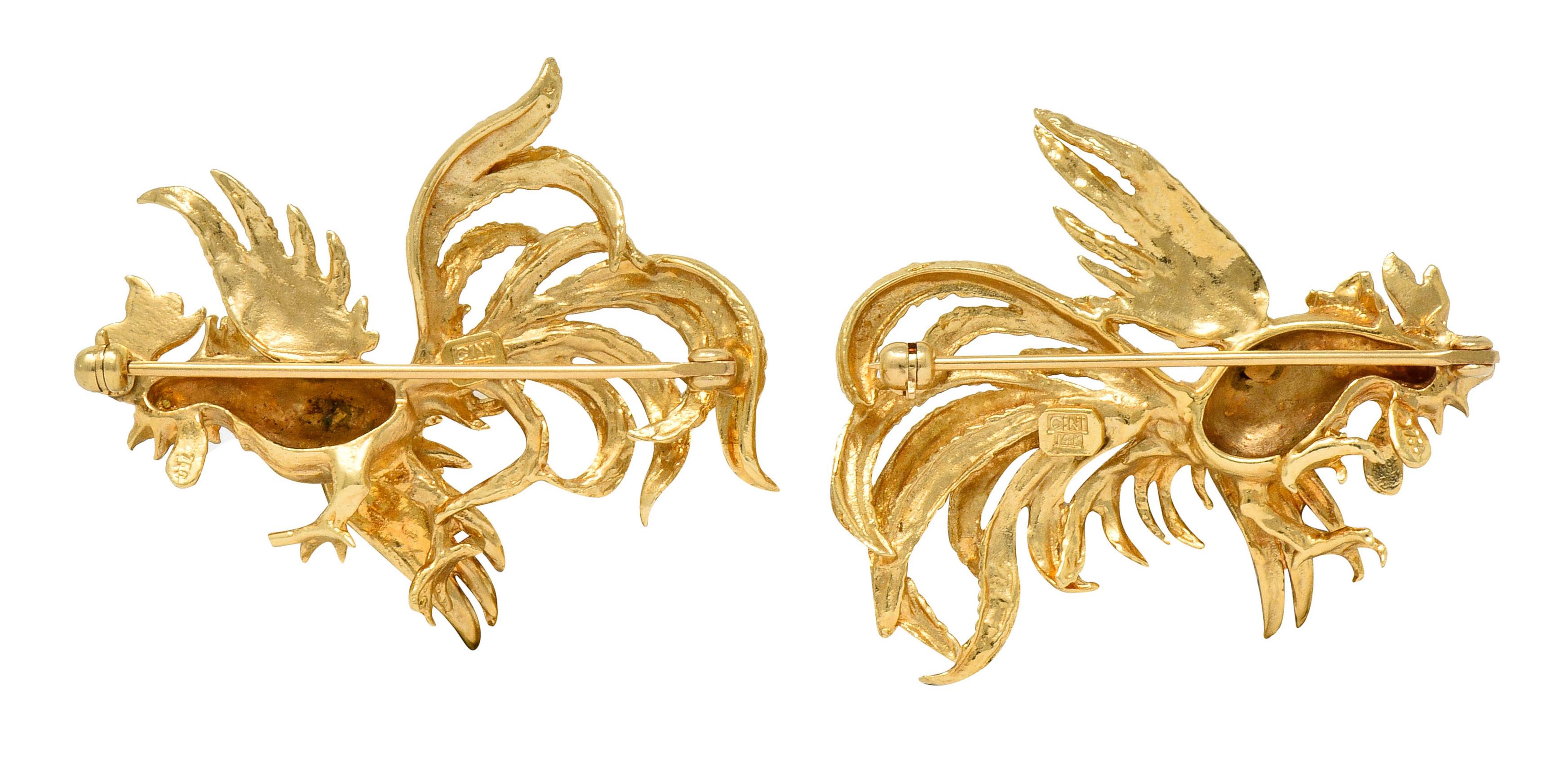 Contemporary Guglielmo Cini 1960s Vintage 14 Karat Gold Rooster Brooch Clips