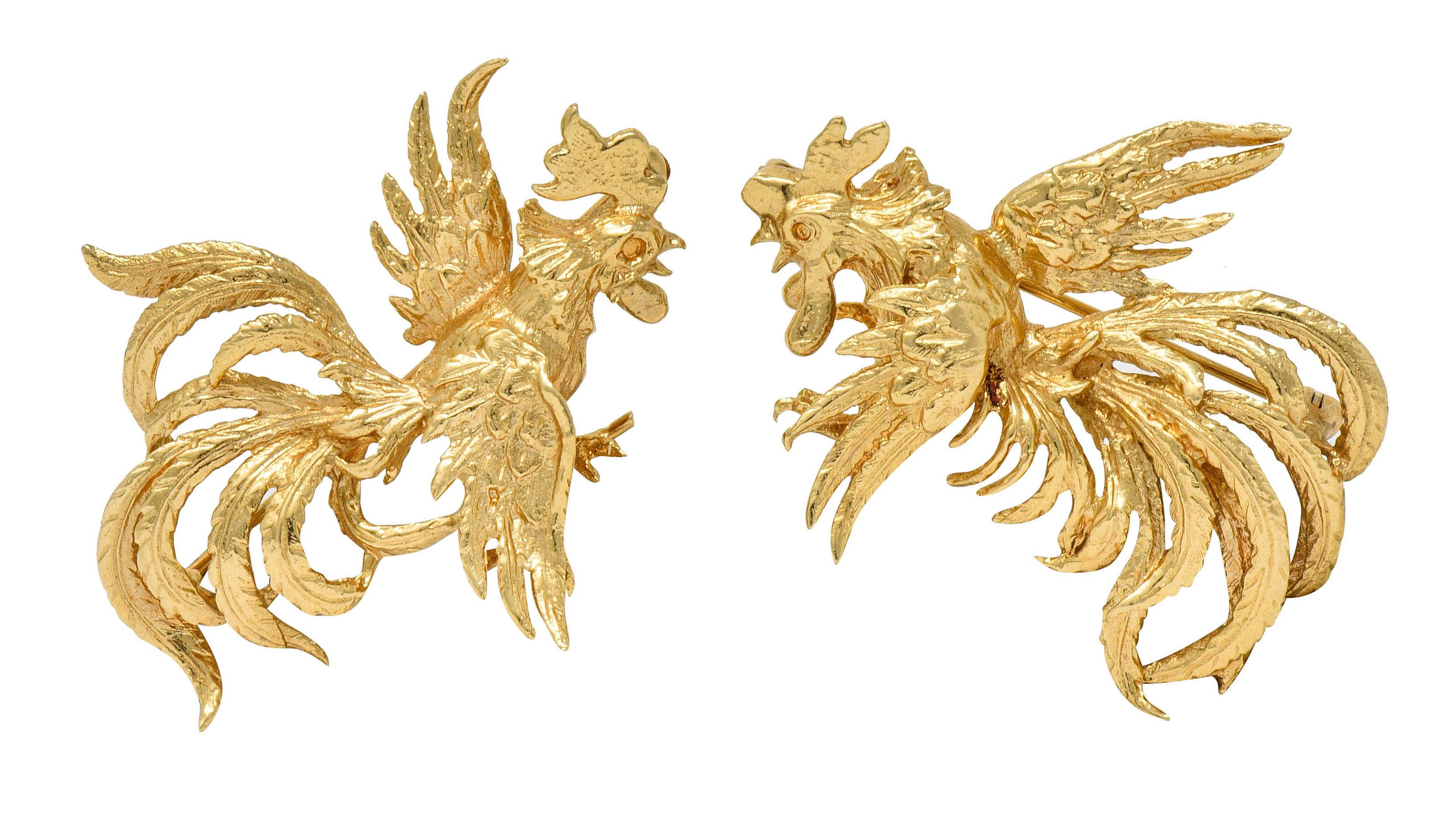 Women's or Men's Guglielmo Cini 1960s Vintage 14 Karat Gold Rooster Brooch Clips