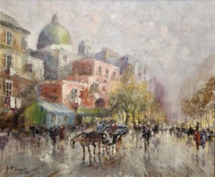 Vintage Guglielmo de Giorgio, busy street in Paris, France. Decorative oil painting.