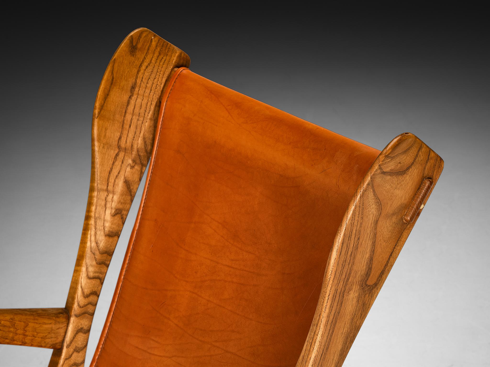 Italian Guglielmo Pecorini Angular Lounge Chair in Ash and Leather For Sale