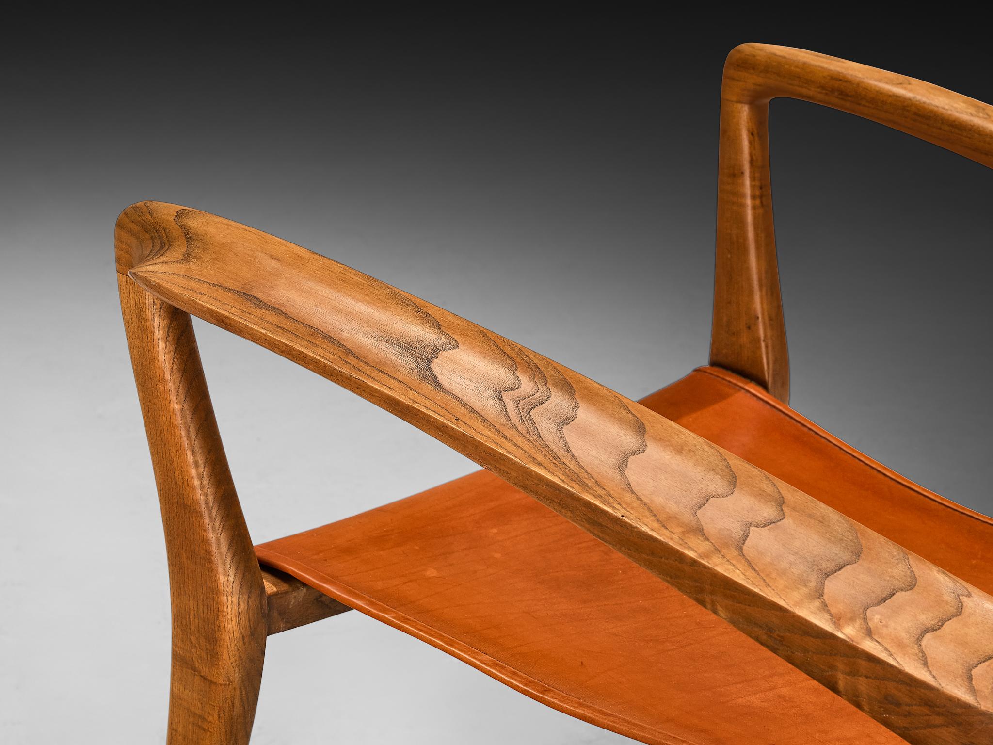 Guglielmo Pecorini Angular Lounge Chair in Ash and Leather For Sale 1