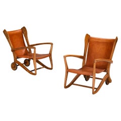 Guglielmo Pecorini Angular Lounge Chairs in Oak and Leather