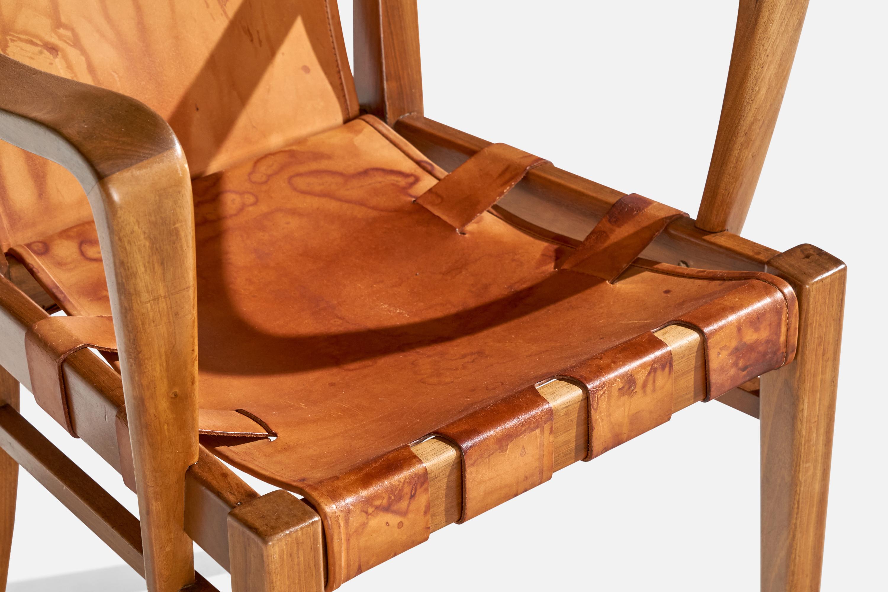 Guglielmo Pecorini, Armchair, Walnut, Leather, Italy, 1940s For Sale 4